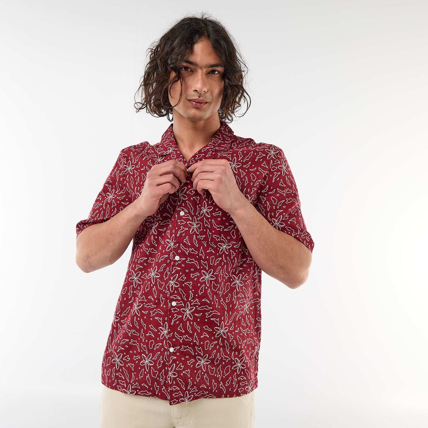 Short-Sleeved Linen Blend Shirt RED