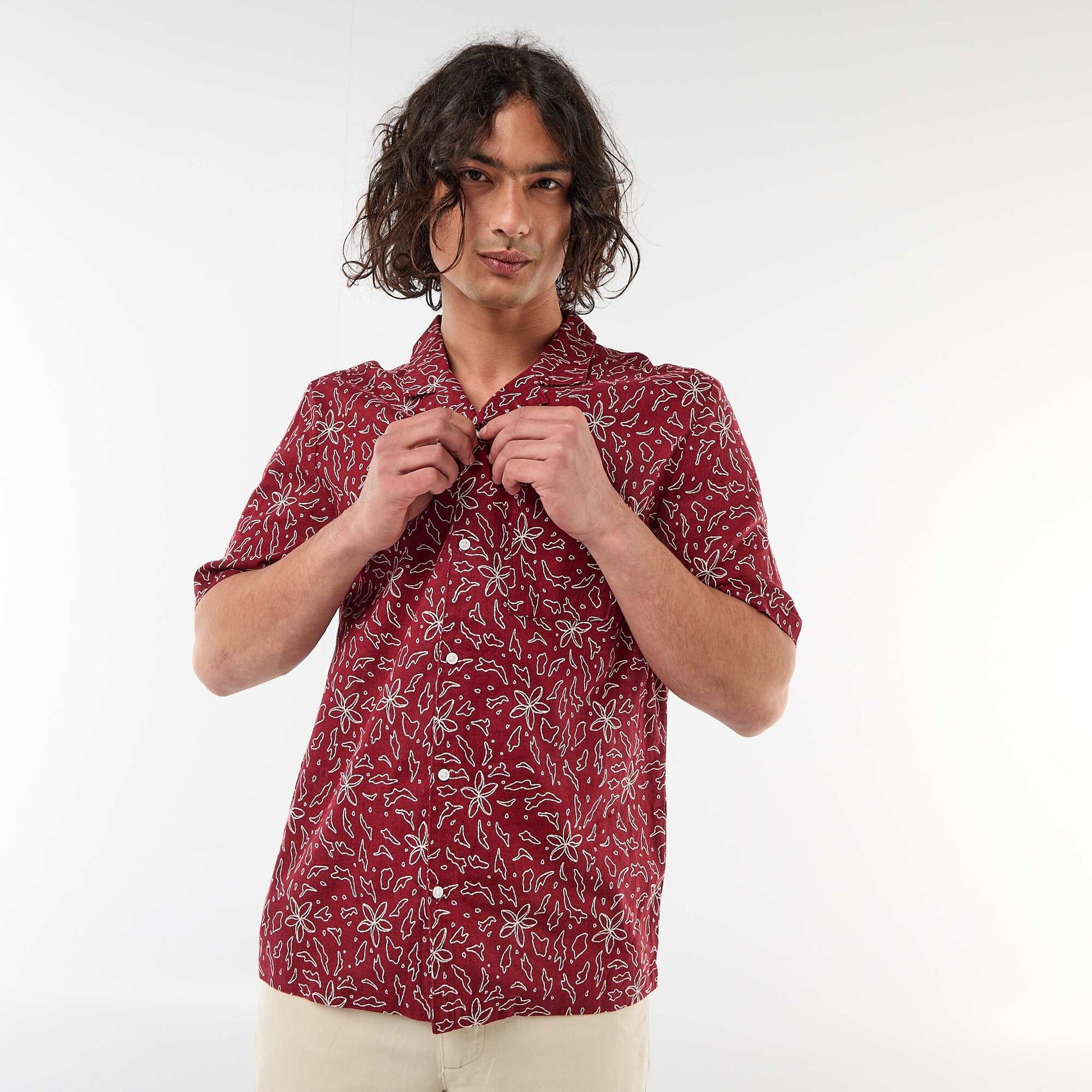 Short-Sleeved Linen Blend Shirt RED
