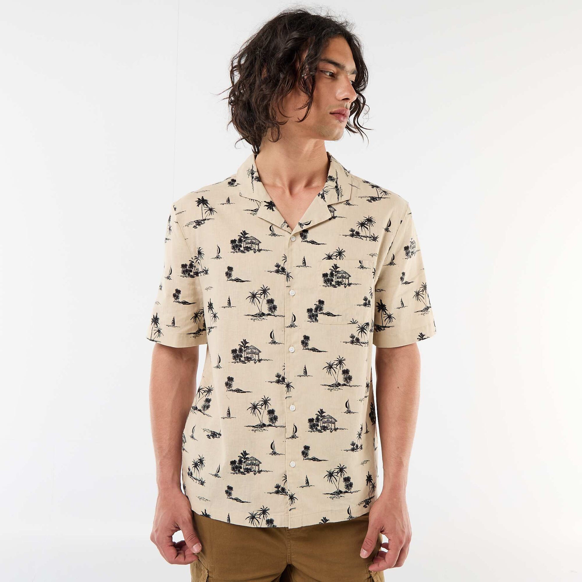 Short-Sleeved Linen Blend Shirt BEIGE