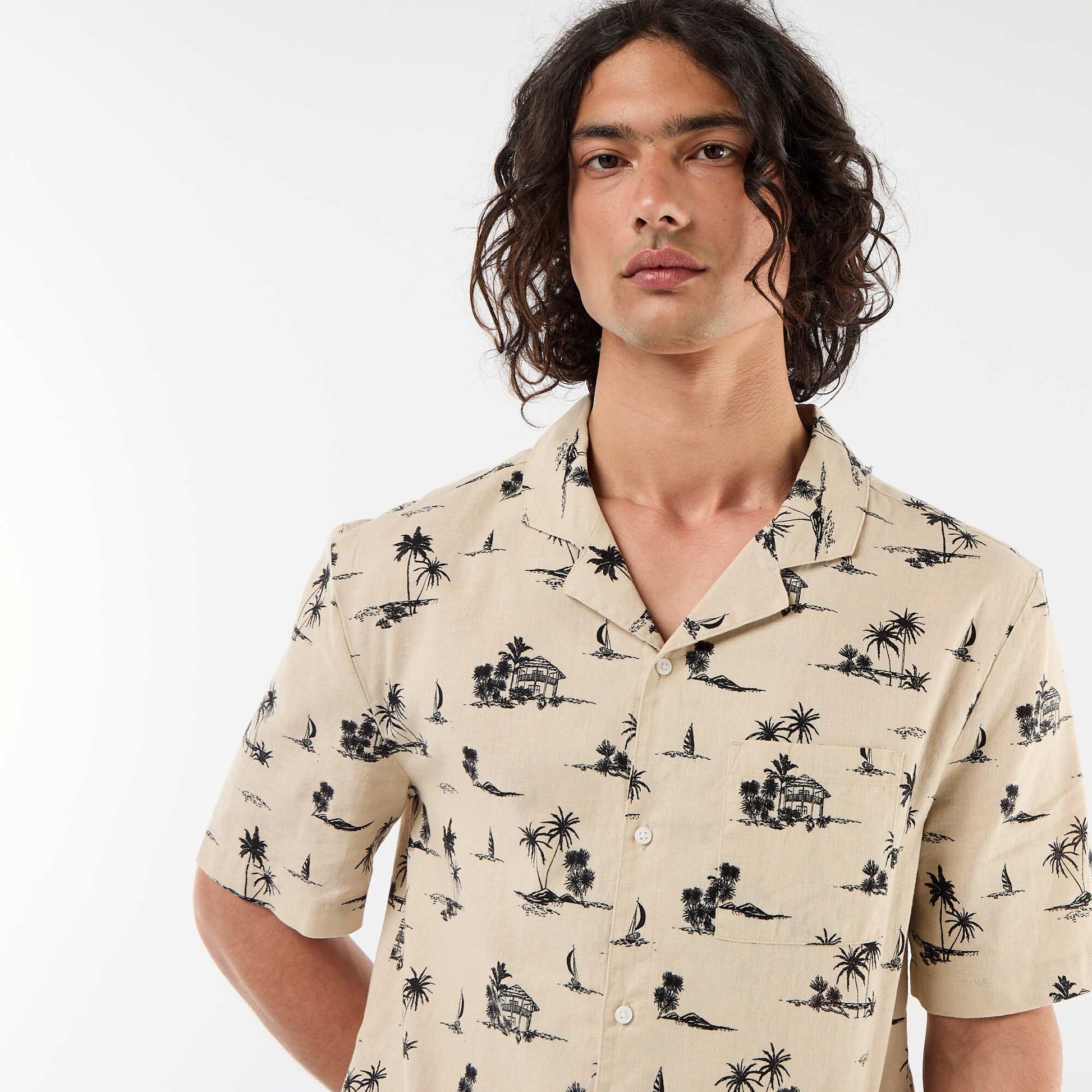 Short-Sleeved Linen Blend Shirt BEIGE