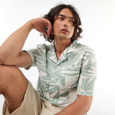 Short-Sleeved Linen Blend Shirt GREEN