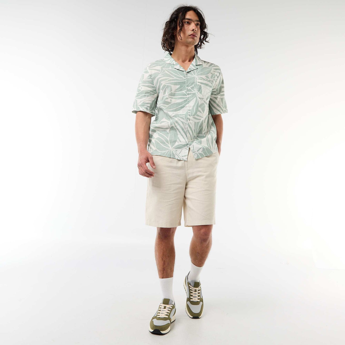 Short-Sleeved Linen Blend Shirt GREEN