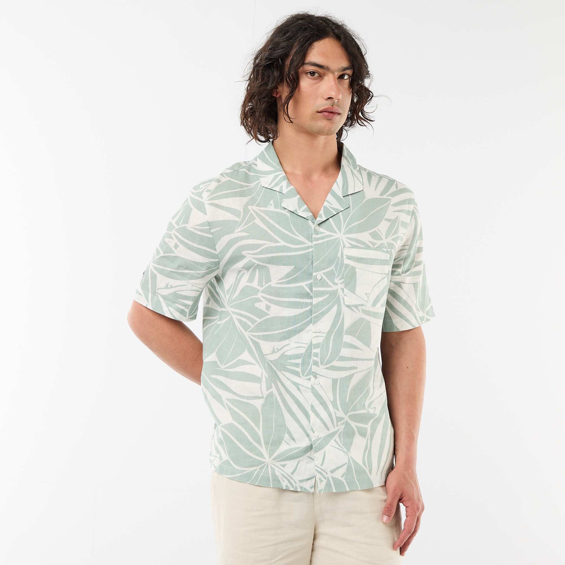 Short-Sleeved Linen Blend Shirt GREEN