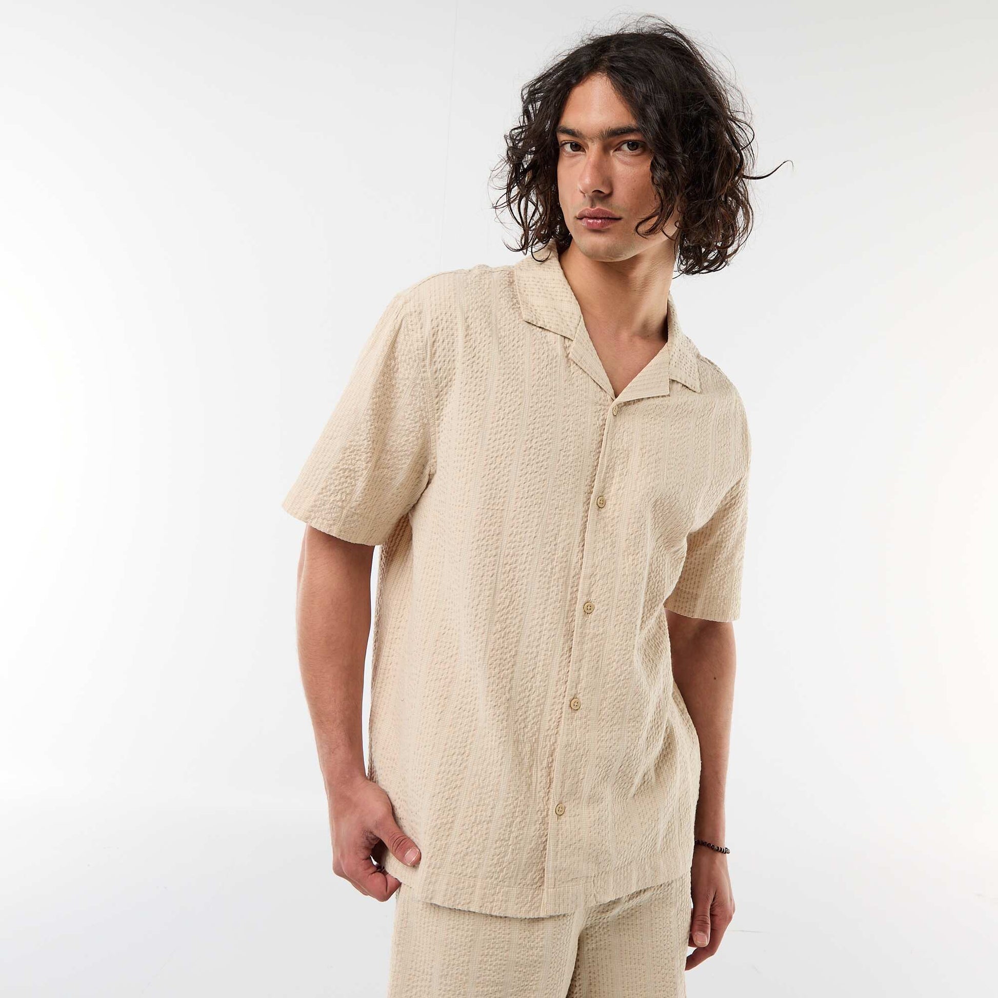 Short-Sleeved Waffle Knit Shirt BEIGE
