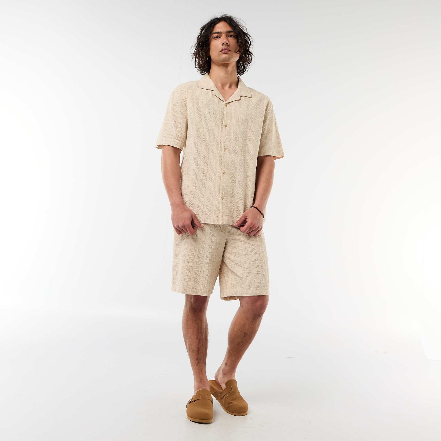 Short-Sleeved Waffle Knit Shirt BEIGE