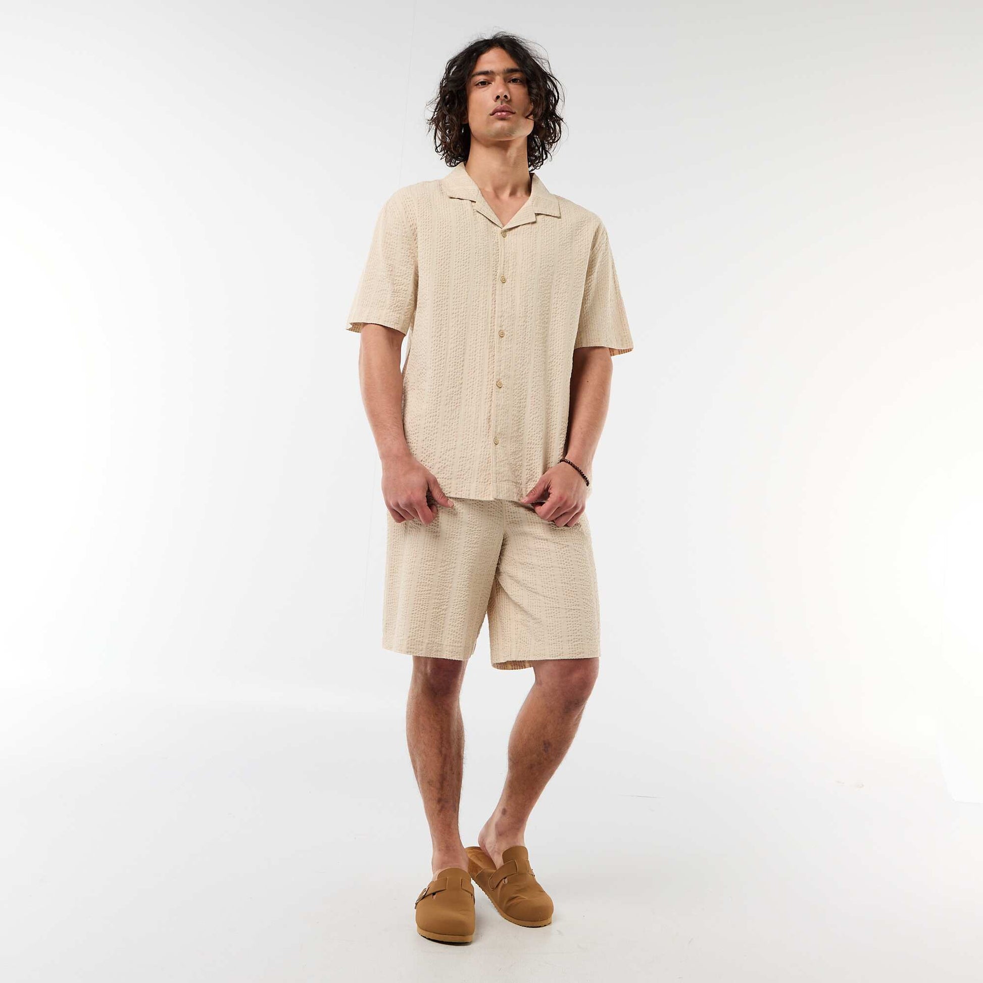 Short-Sleeved Waffle Knit Shirt BEIGE