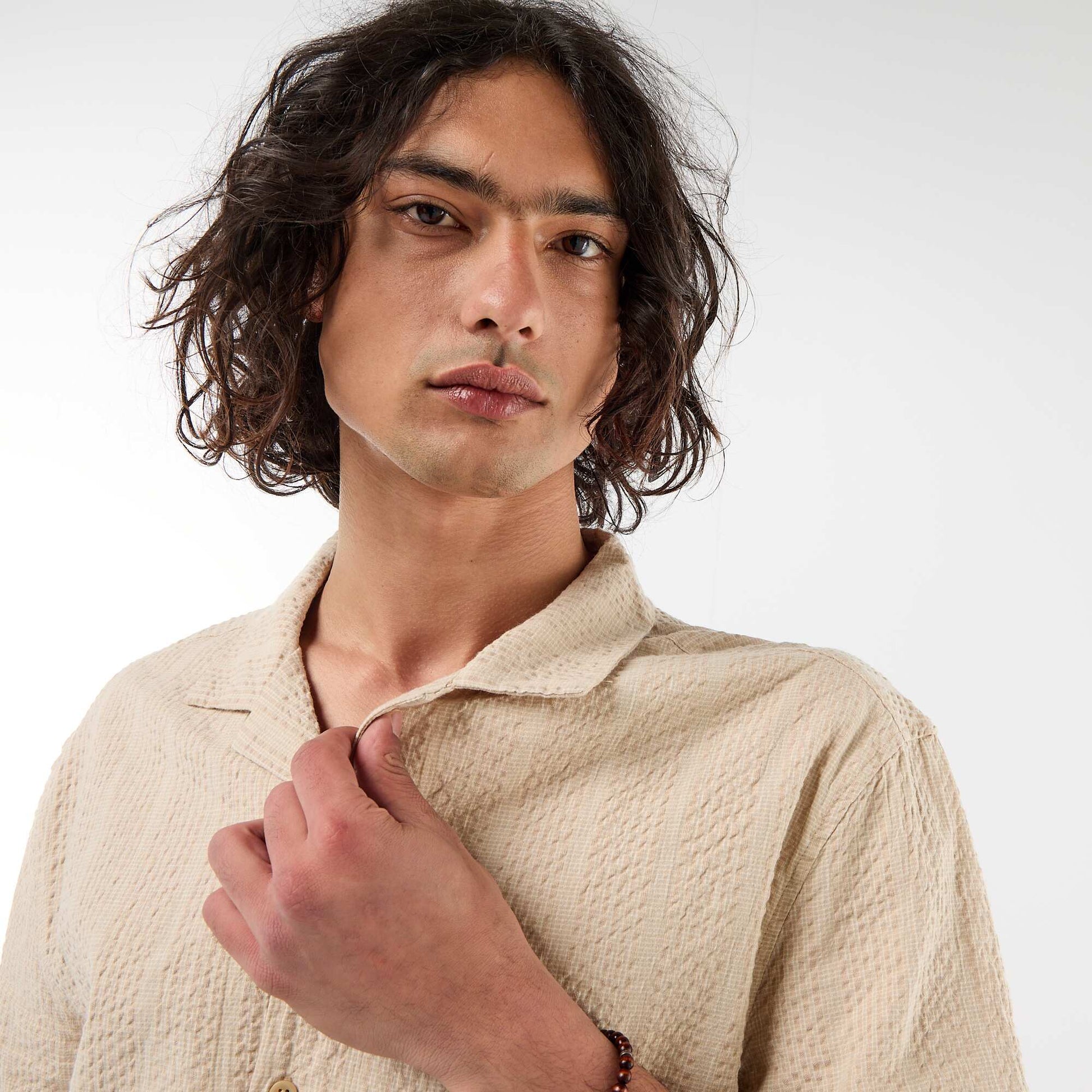 Short-Sleeved Waffle Knit Shirt BEIGE