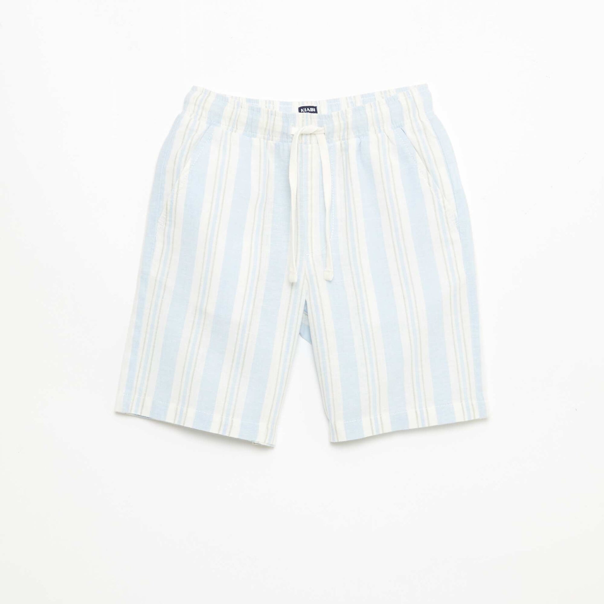 Striped Linen and Cotton Shorts with Elasticated Waist BLUE