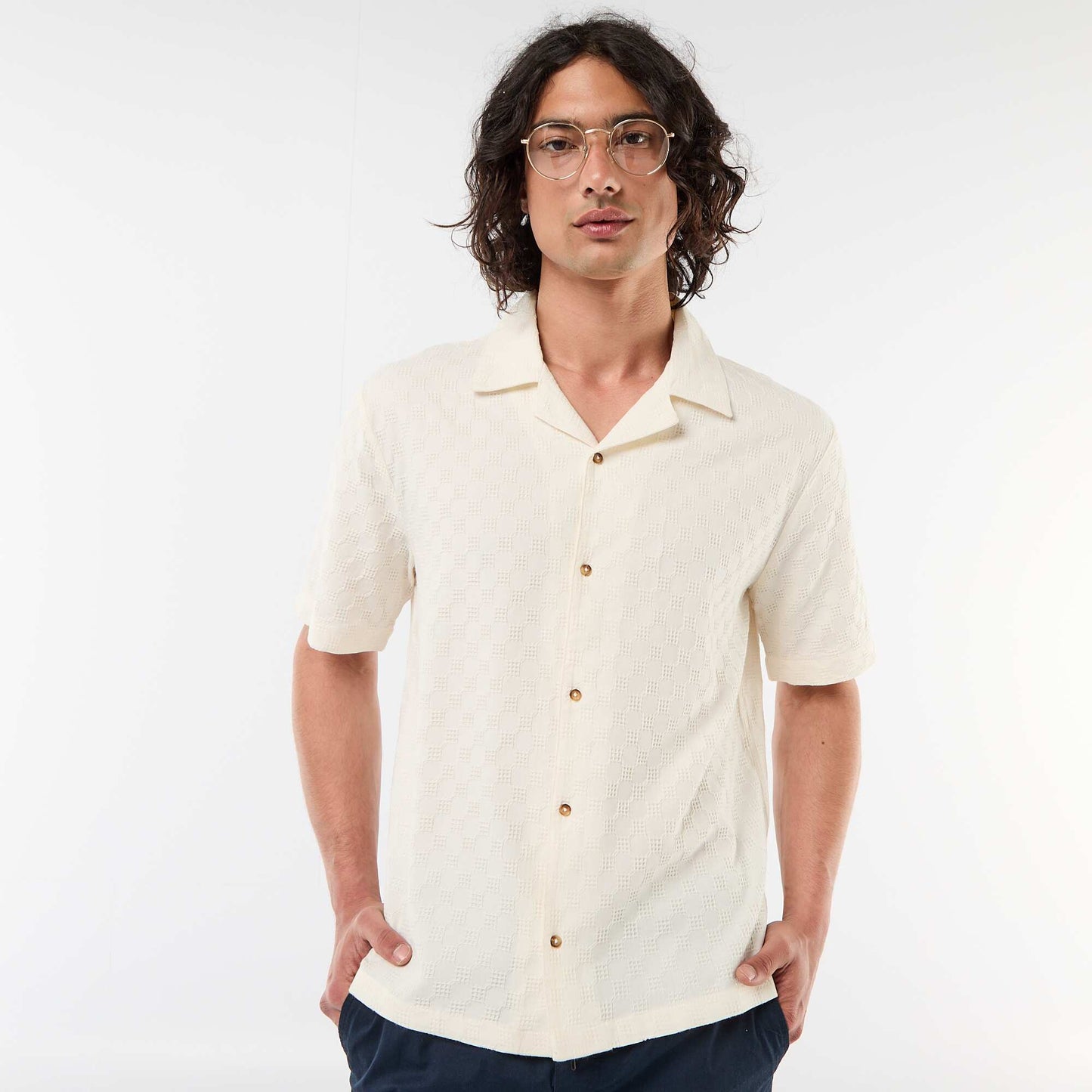 Short-Sleeved Patterned Knit Shirt WHITE