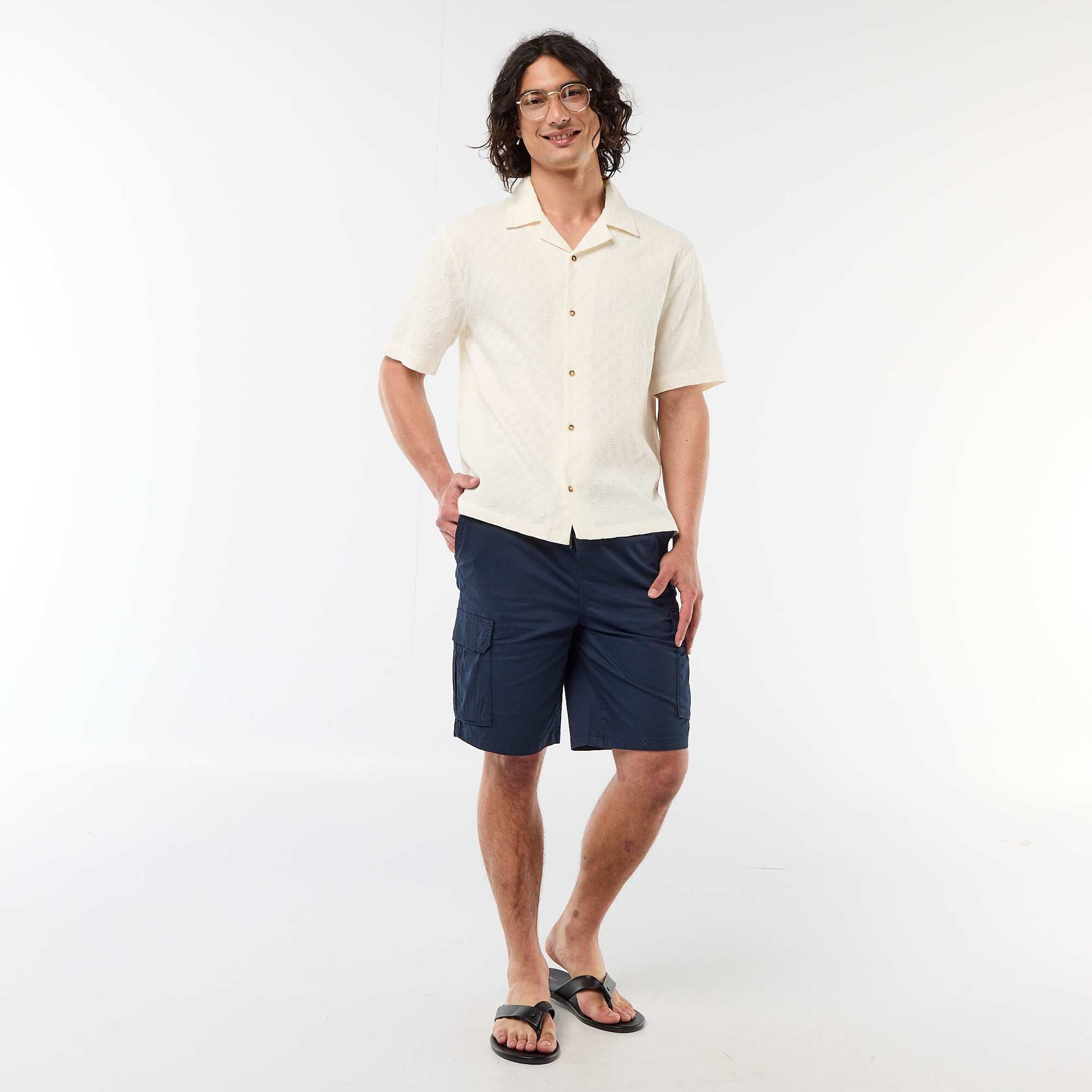 Short-Sleeved Patterned Knit Shirt WHITE