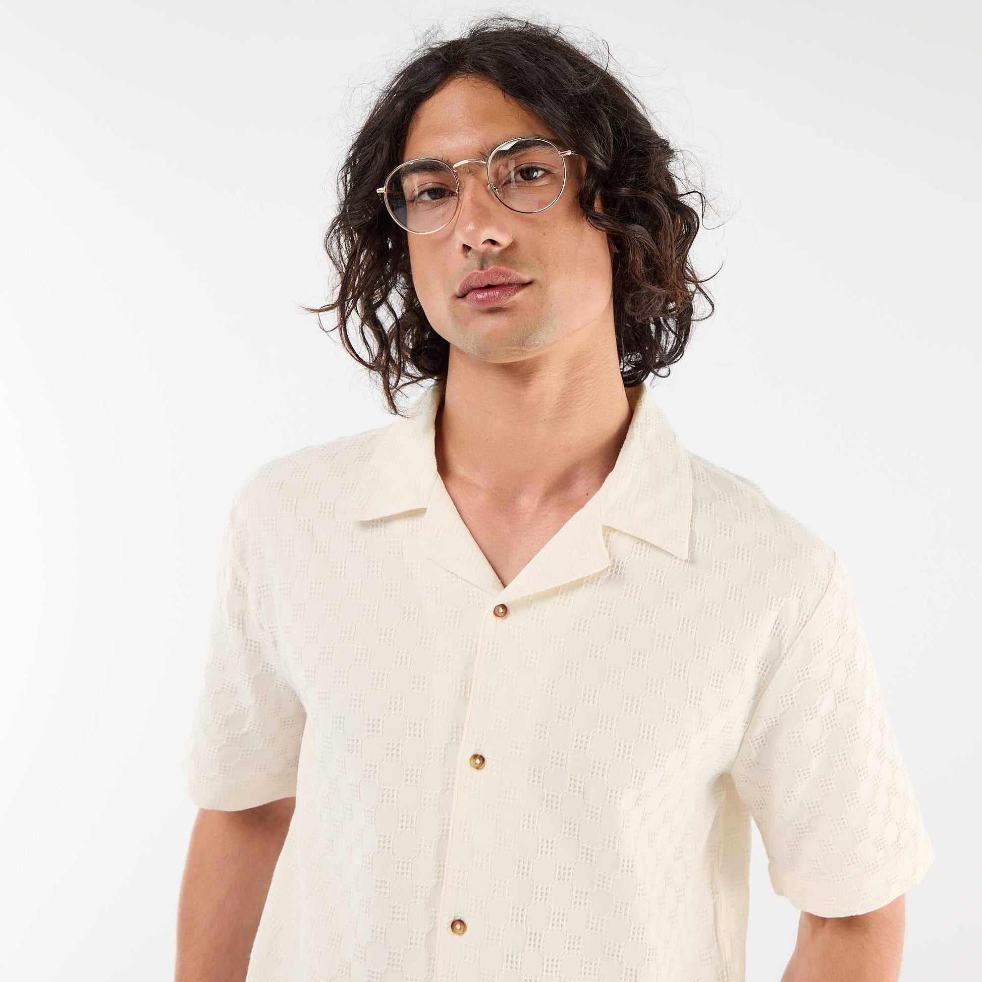 Short-Sleeved Patterned Knit Shirt WHITE