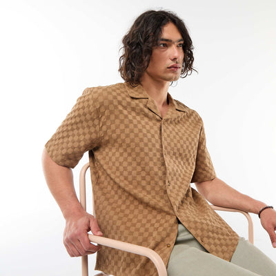 Short-Sleeved Patterned Knit Shirt BROWN