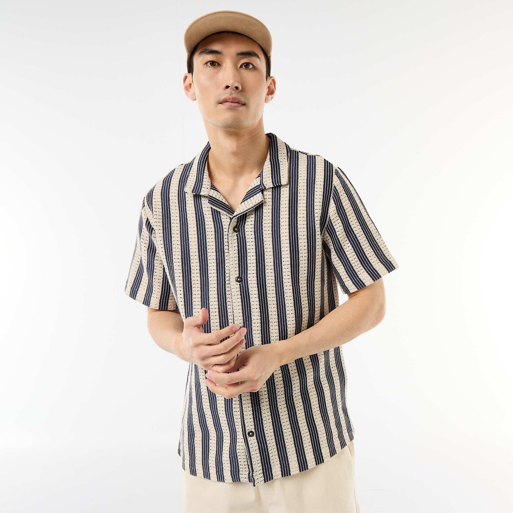 Crochet Knit Short-Sleeve Shirt BLUE