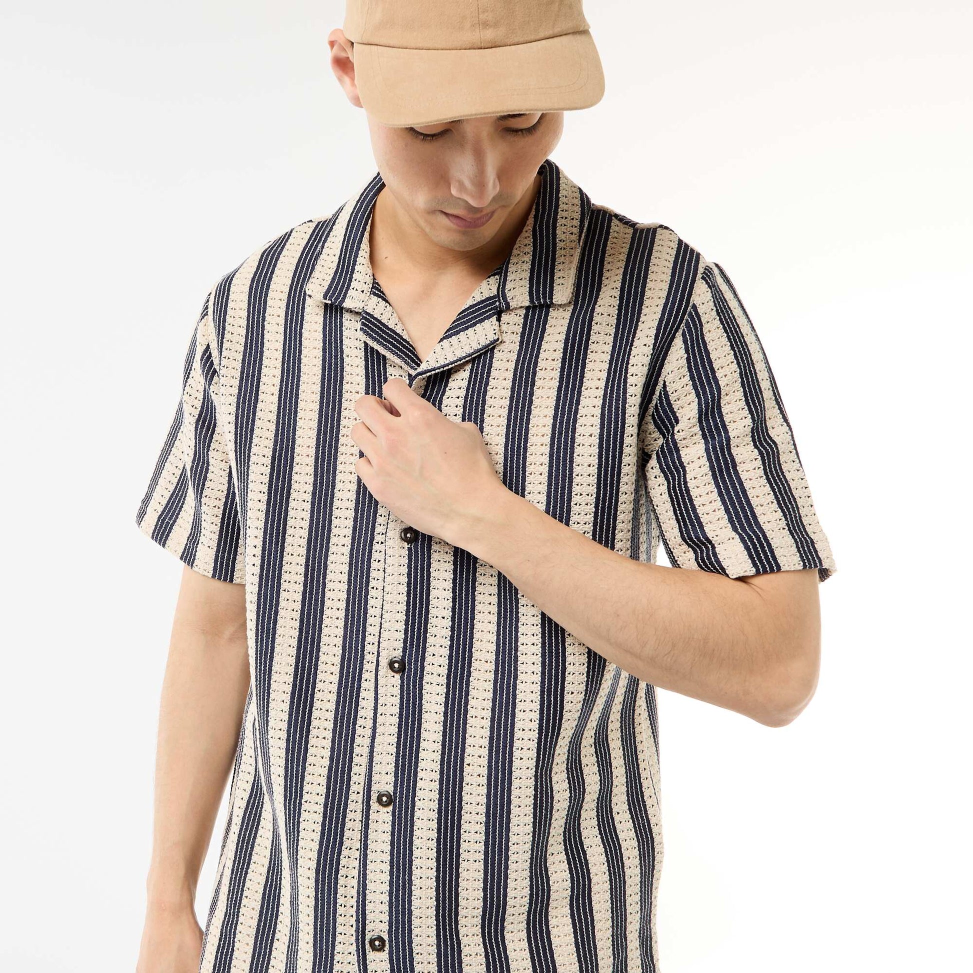 Crochet Knit Short-Sleeve Shirt BLUE