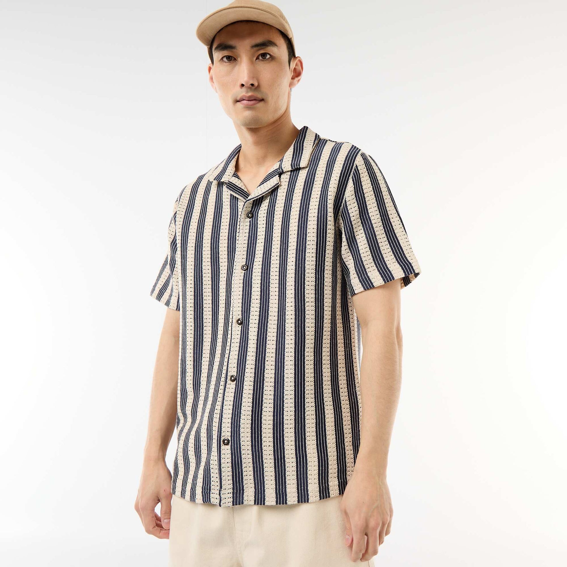 Crochet Knit Short-Sleeve Shirt BLUE