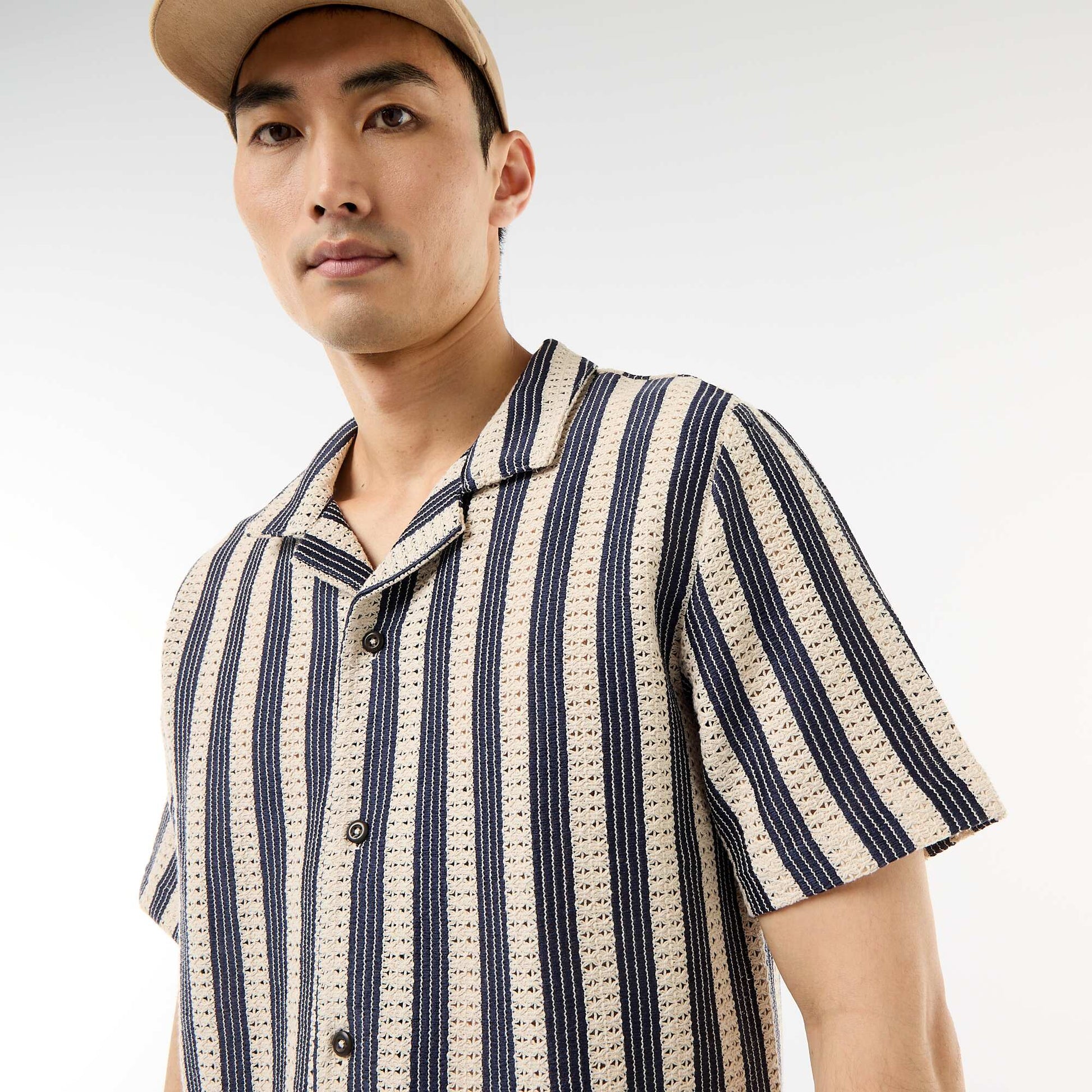 Crochet Knit Short-Sleeve Shirt BLUE