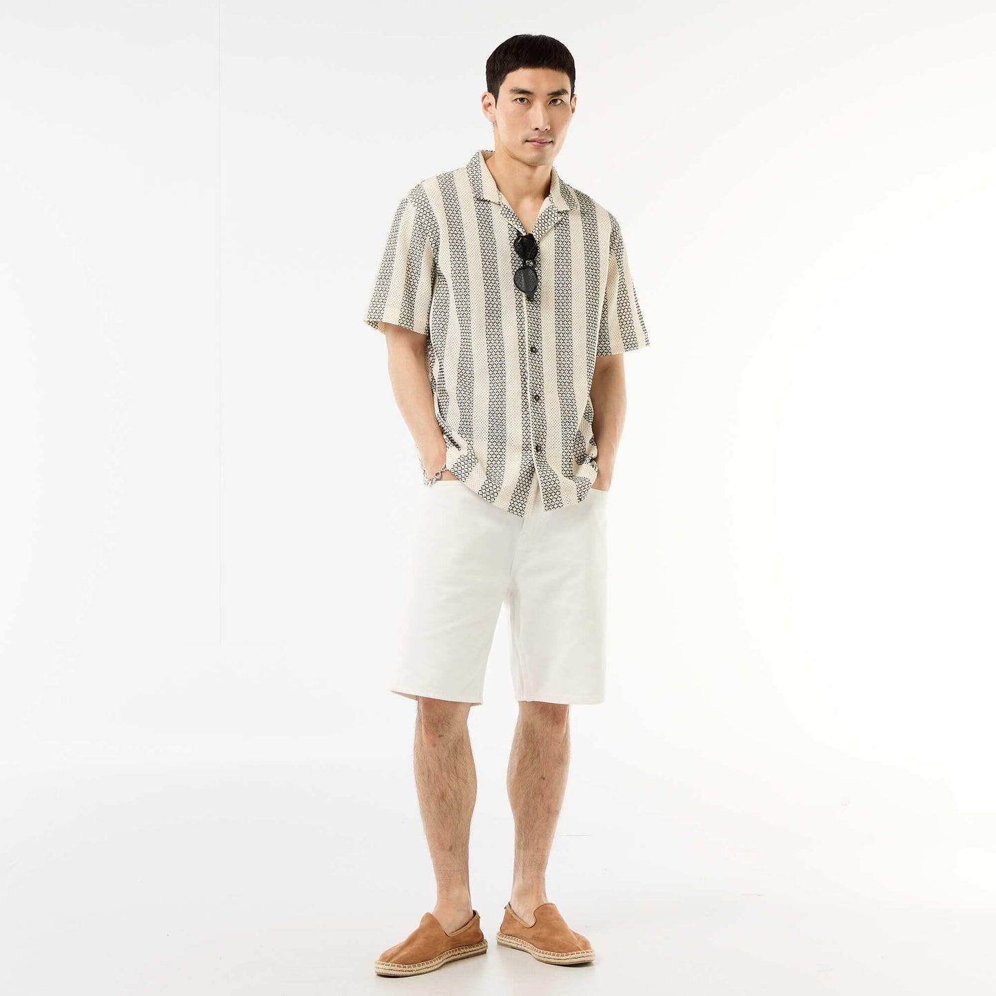 Crochet Knit Short-Sleeve Shirt WHITE