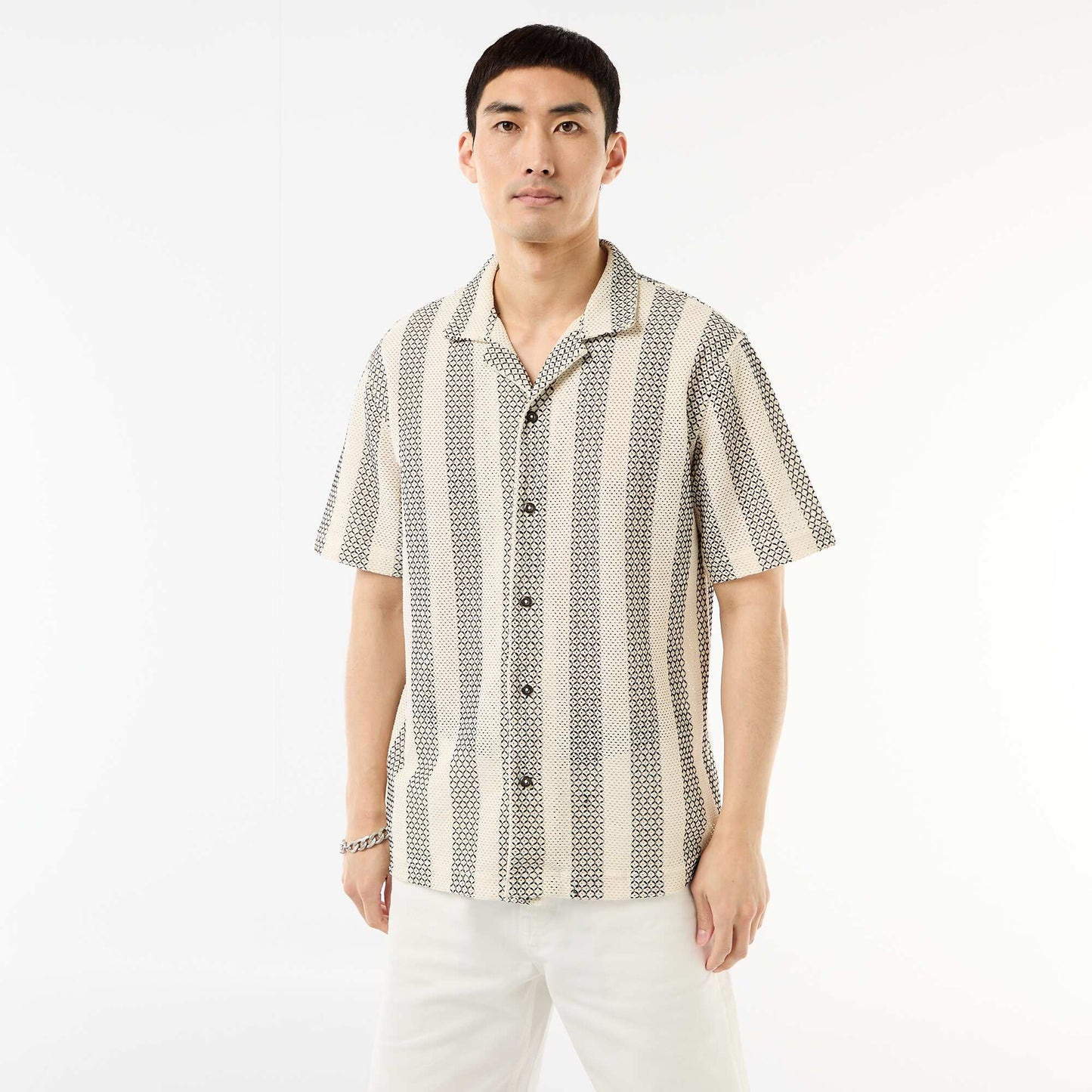 Crochet Knit Short-Sleeve Shirt WHITE