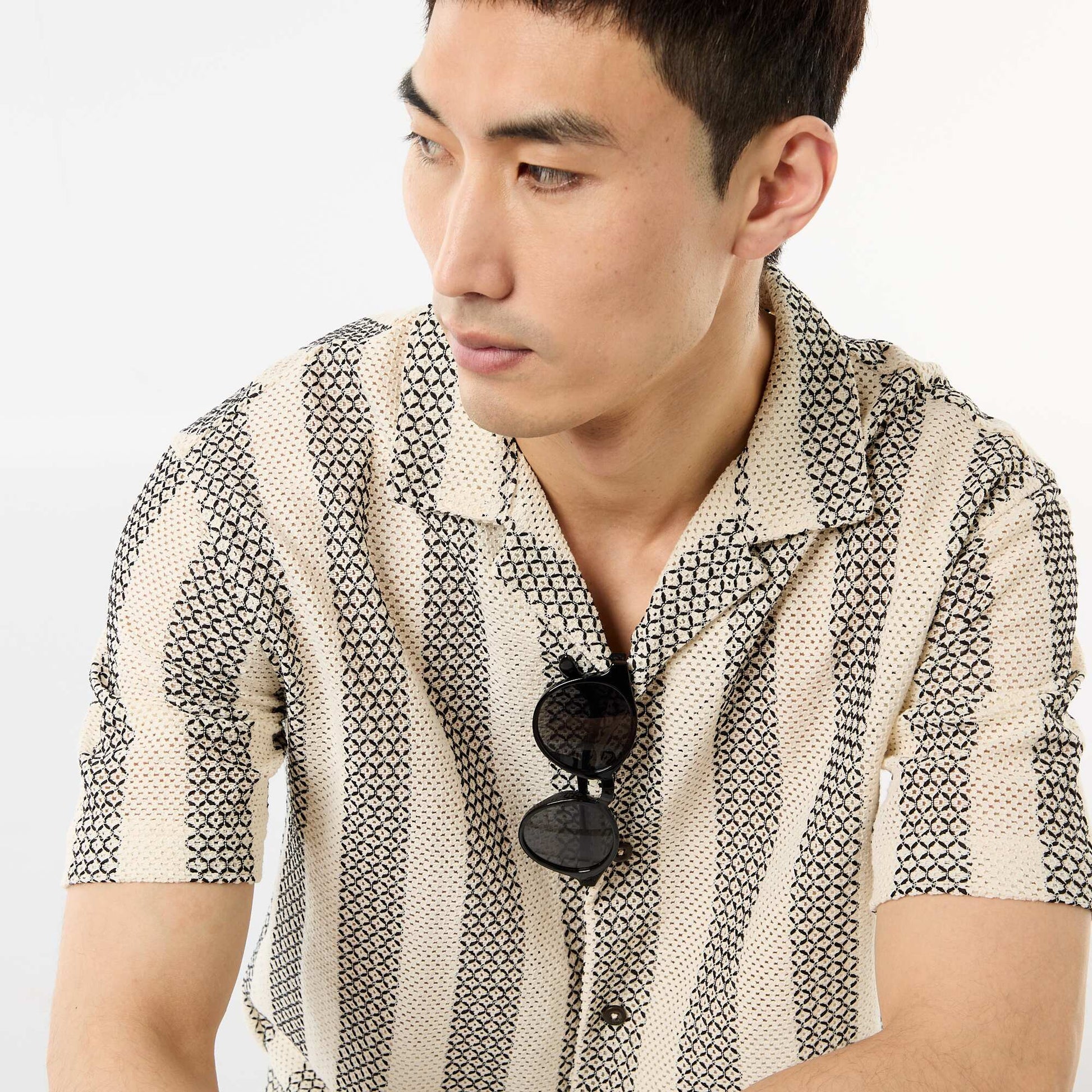 Crochet Knit Short-Sleeve Shirt WHITE
