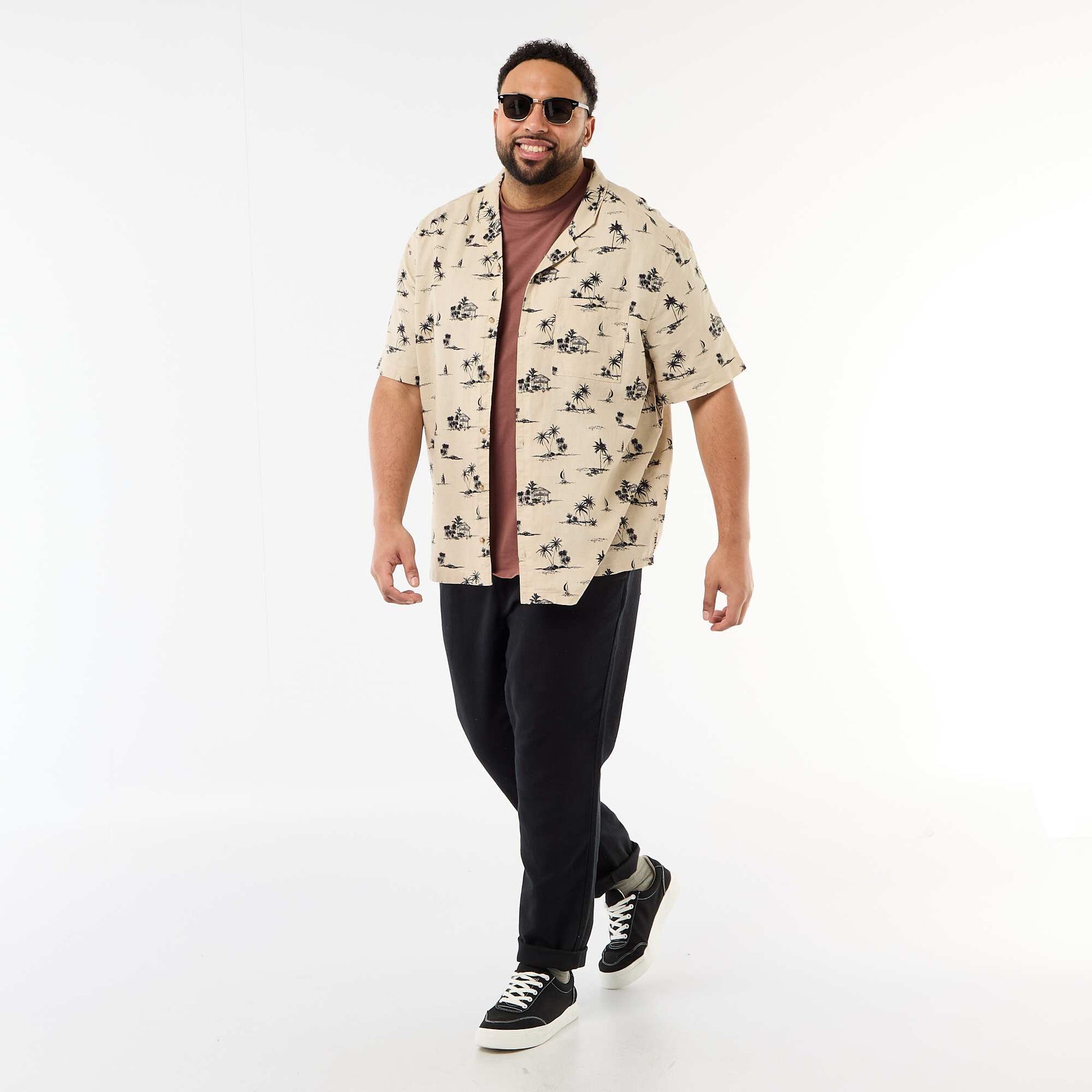 Short-Sleeve Patterned Shirt BEIGE