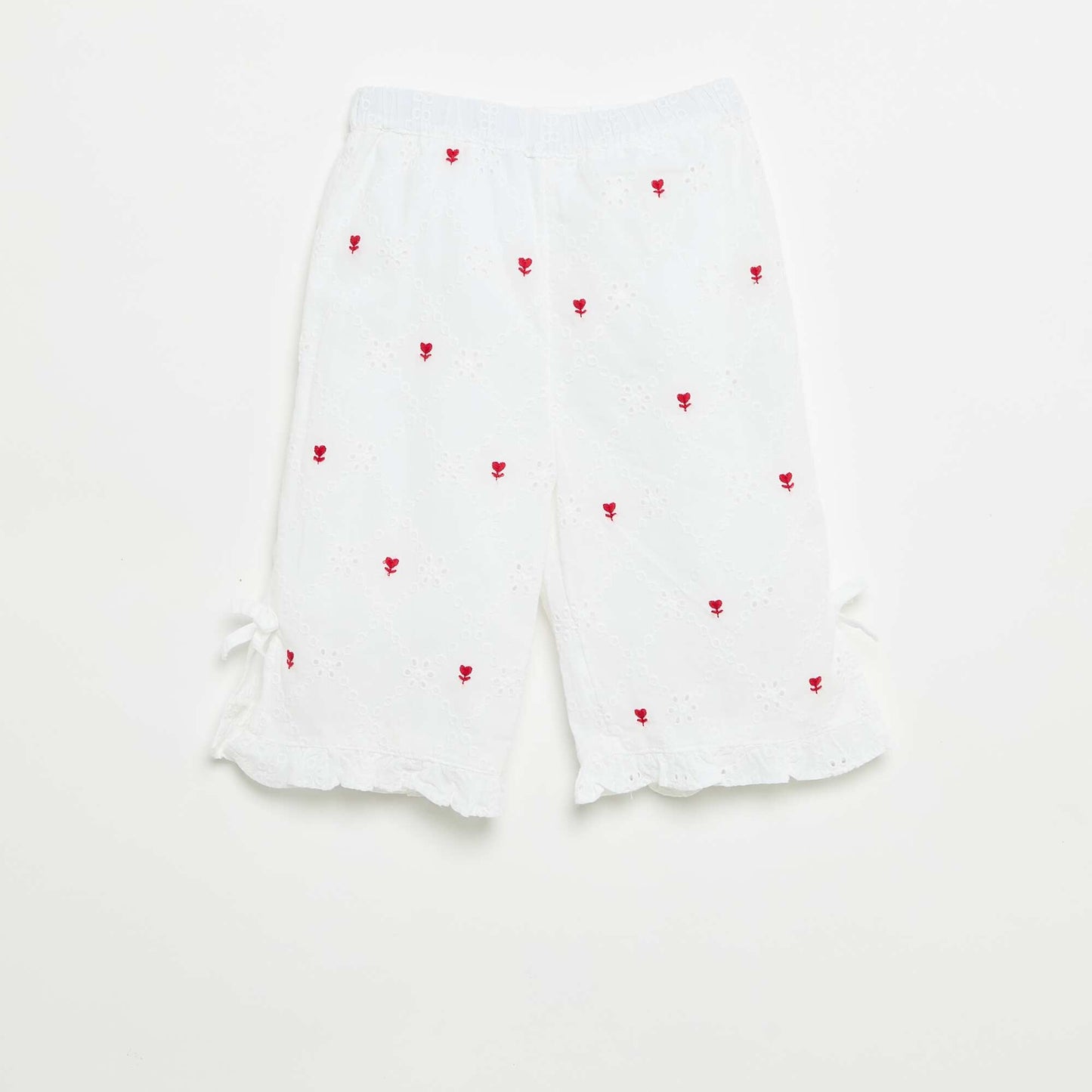 Pants with decorative bows and eyelet embroidery WHITE