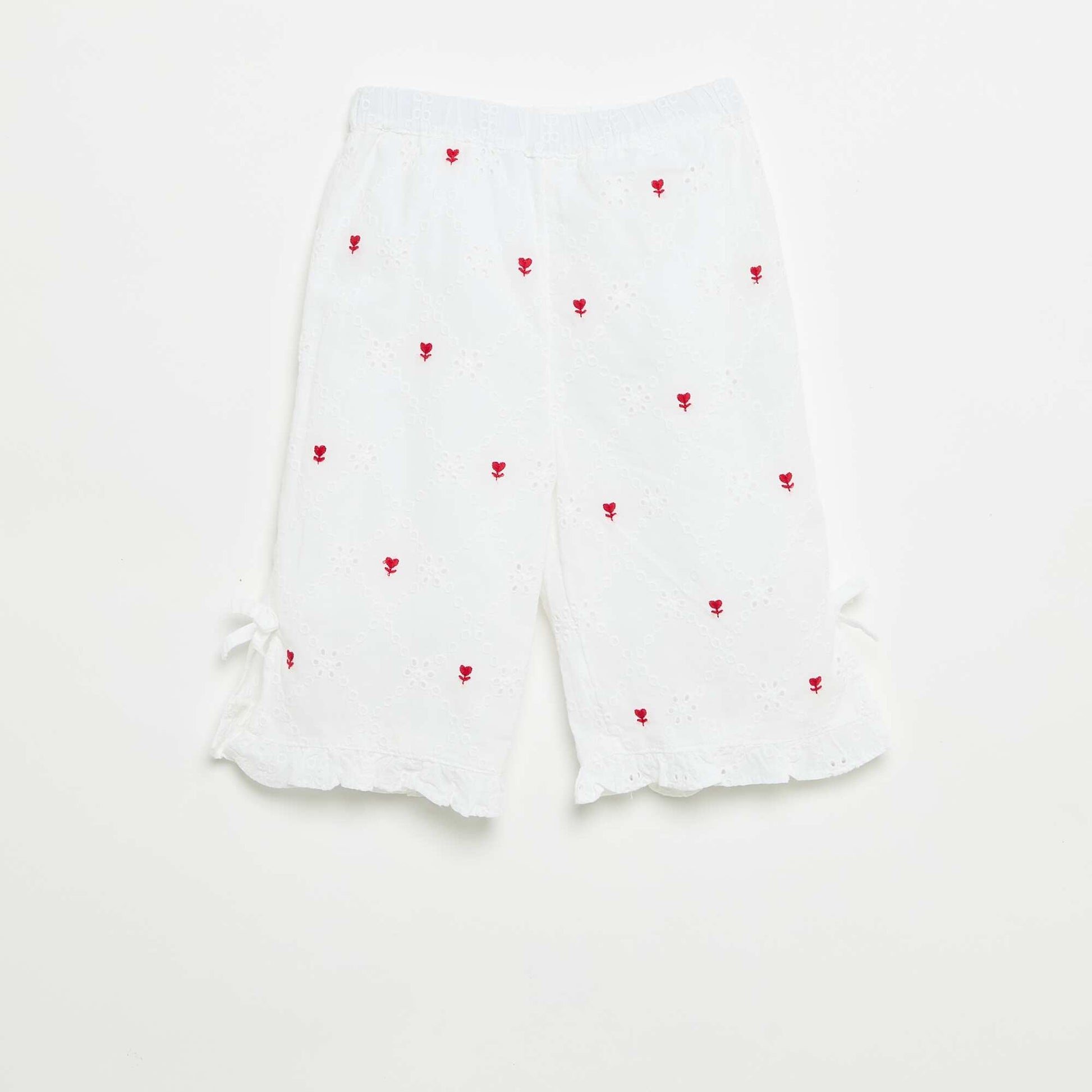 Pants with decorative bows and eyelet embroidery WHITE