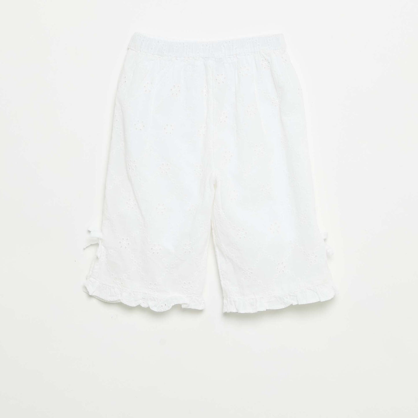 Pants with decorative bows and eyelet embroidery WHITE
