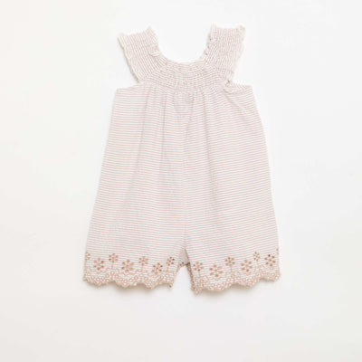 ზოლიანი მოკლე რომპერი სირსაკერით, სმოკინგით და ნაქარგებით კრემისფერი