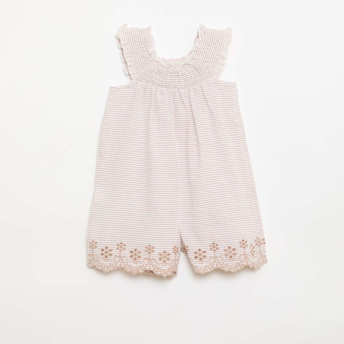 ზოლიანი მოკლე რომპერი სირსაკერით, სმოკინგით და ნაქარგებით კრემისფერი