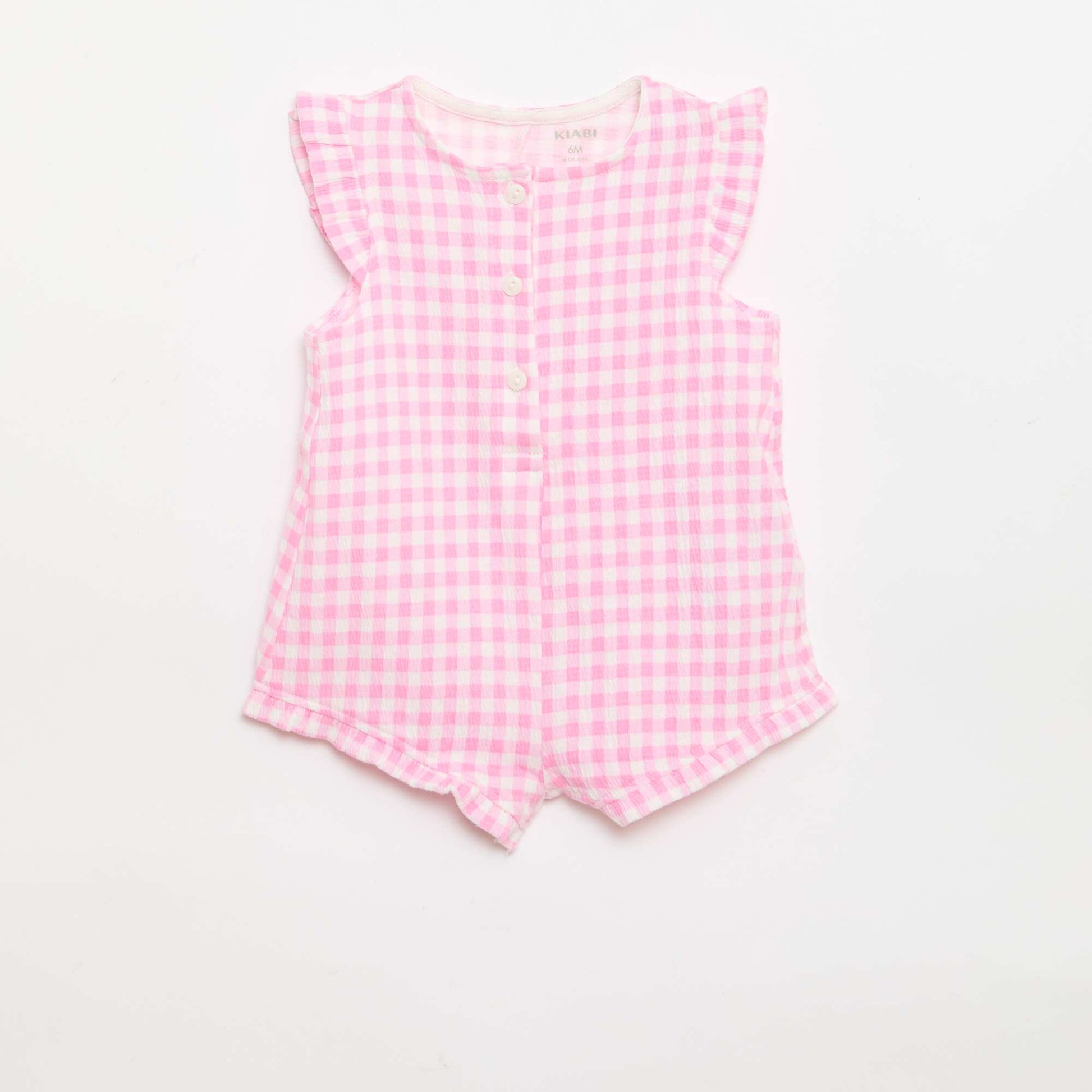 ბამბის ჯერსის რომპერი შორტი ვარდისფერი აბურდული სახელოებით