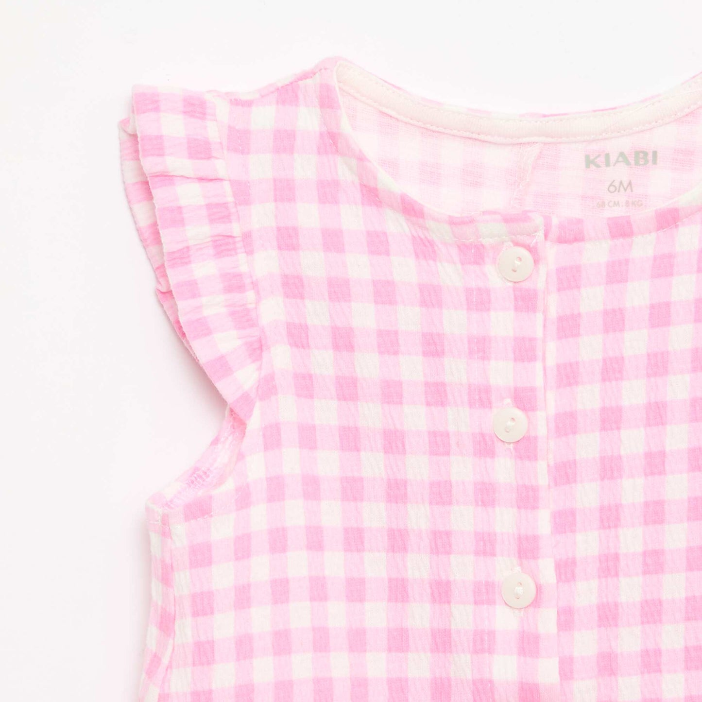 ბამბის ჯერსის რომპერი შორტი ვარდისფერი აბურდული სახელოებით