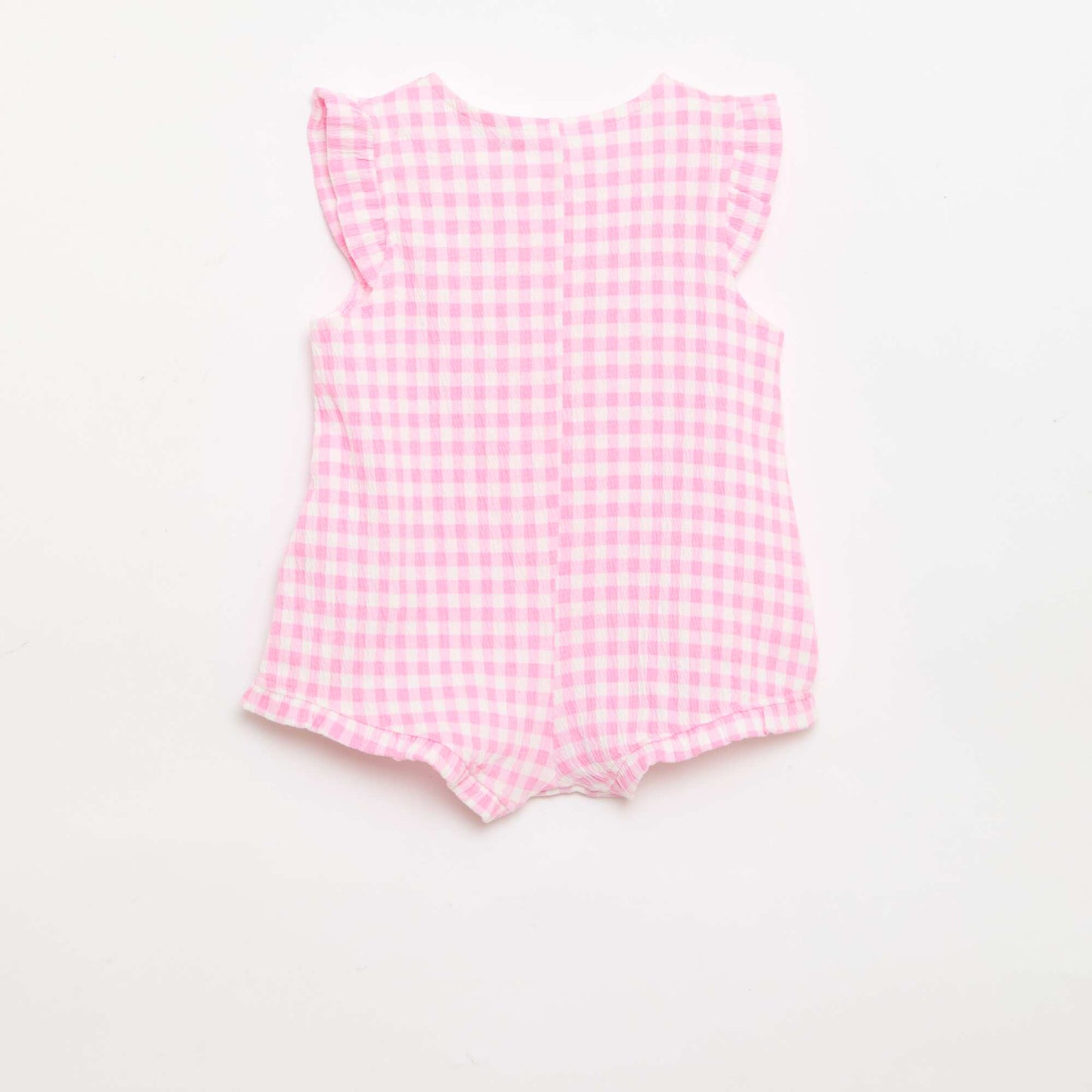 ბამბის ჯერსის რომპერი შორტი ვარდისფერი აბურდული სახელოებით