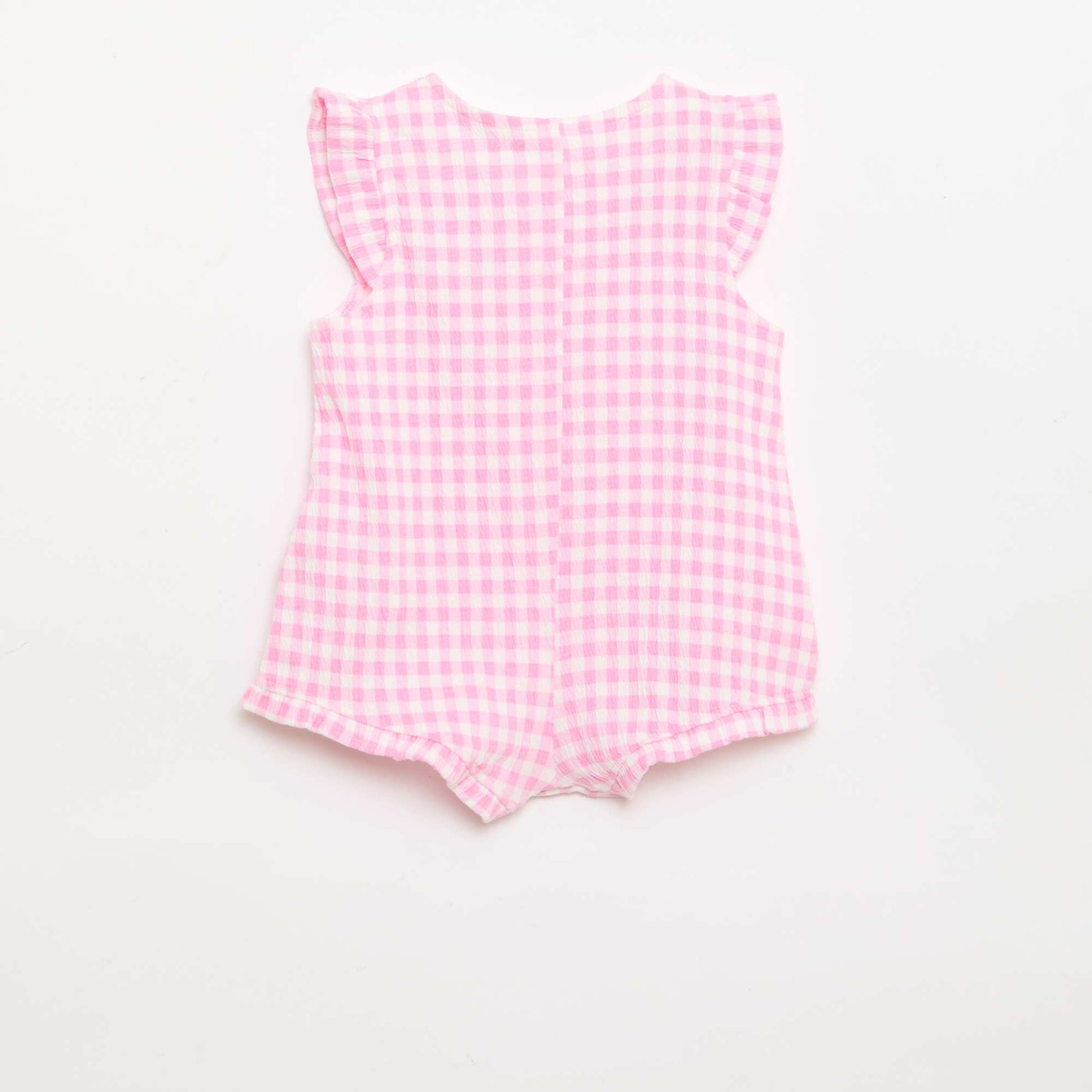 ბამბის ჯერსის რომპერი შორტი ვარდისფერი აბურდული სახელოებით