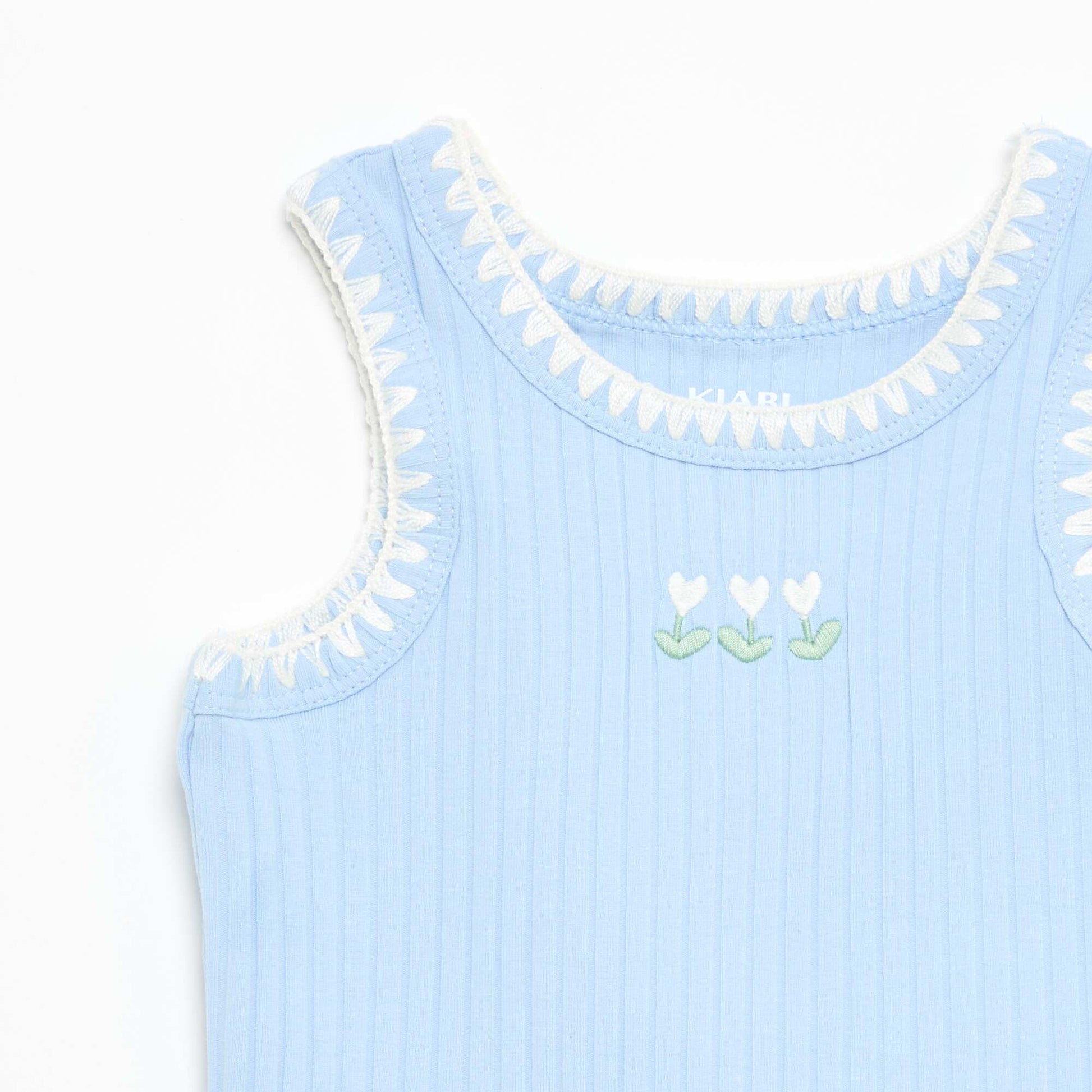 Ribbed Tank Top with Embroidered Armholes BLUE