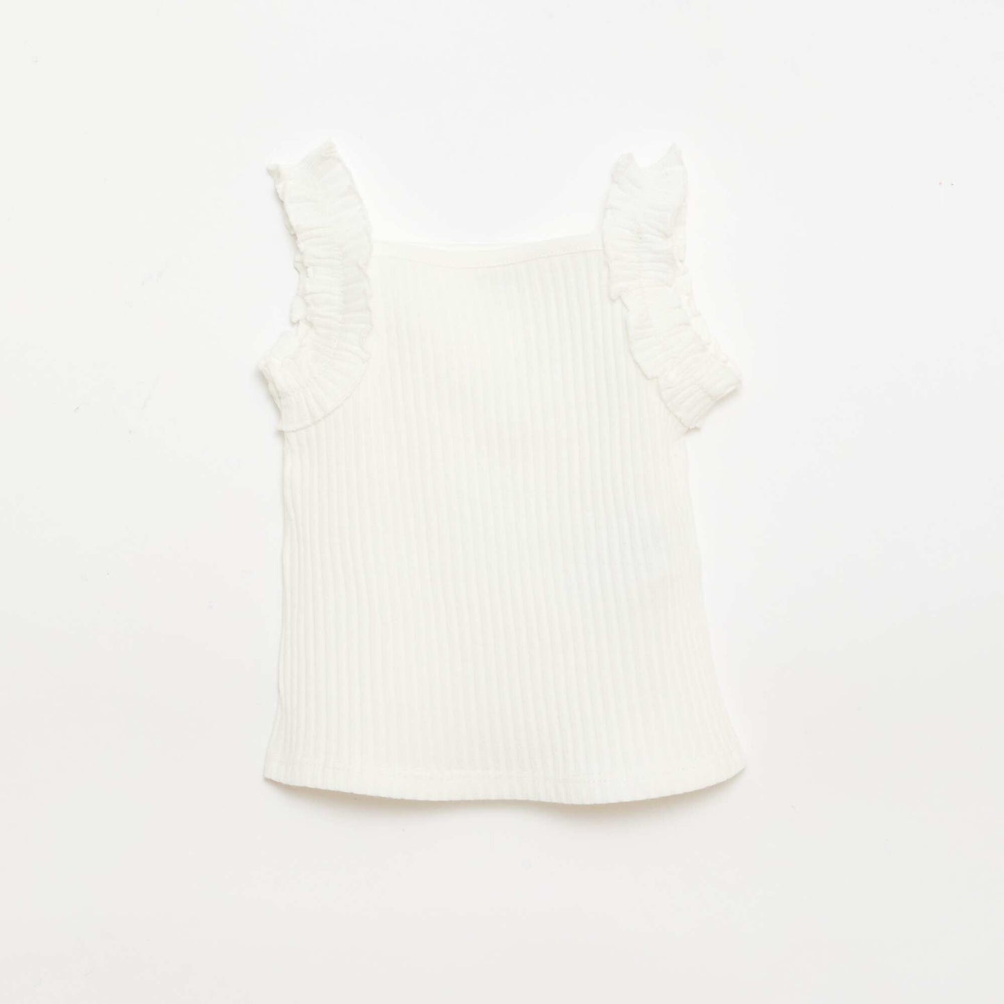 Ribbed Pointelle Tank Top with Ruffled Straps WHITE