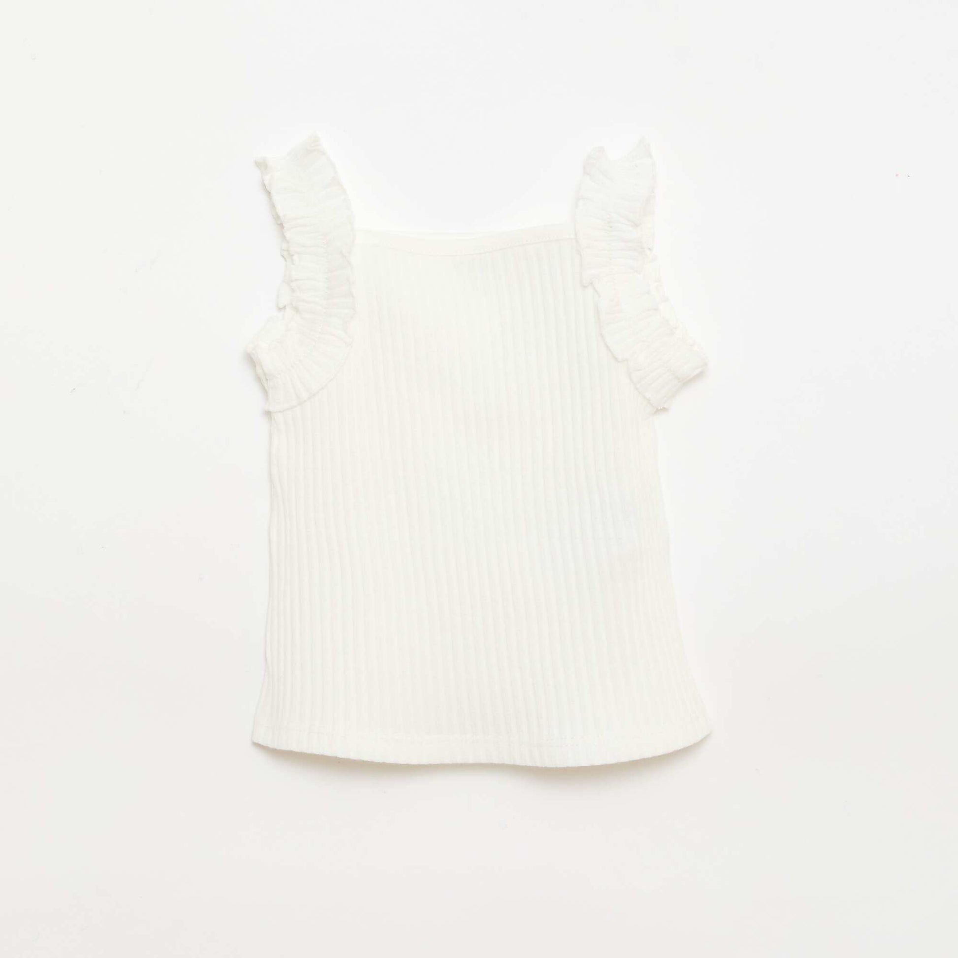 Ribbed Pointelle Tank Top with Ruffled Straps WHITE