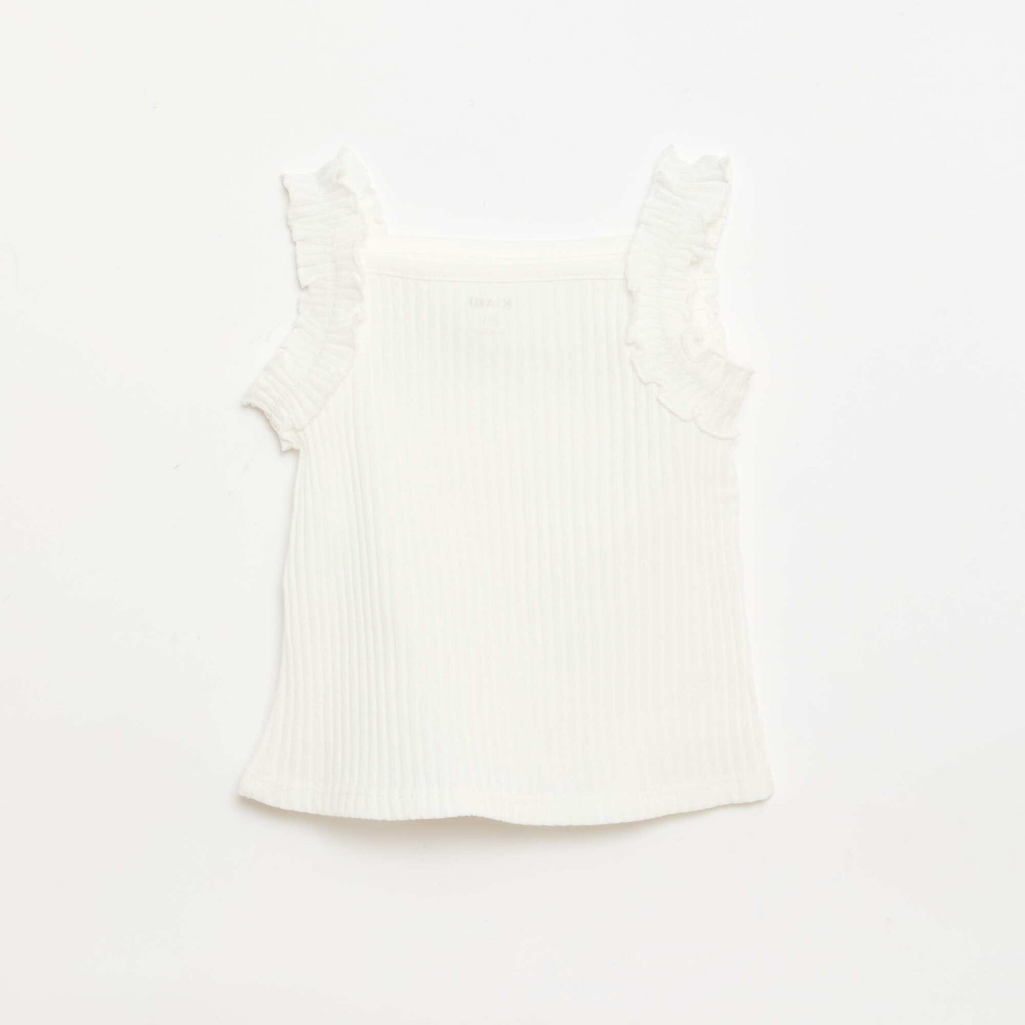 Ribbed Pointelle Tank Top with Ruffled Straps WHITE