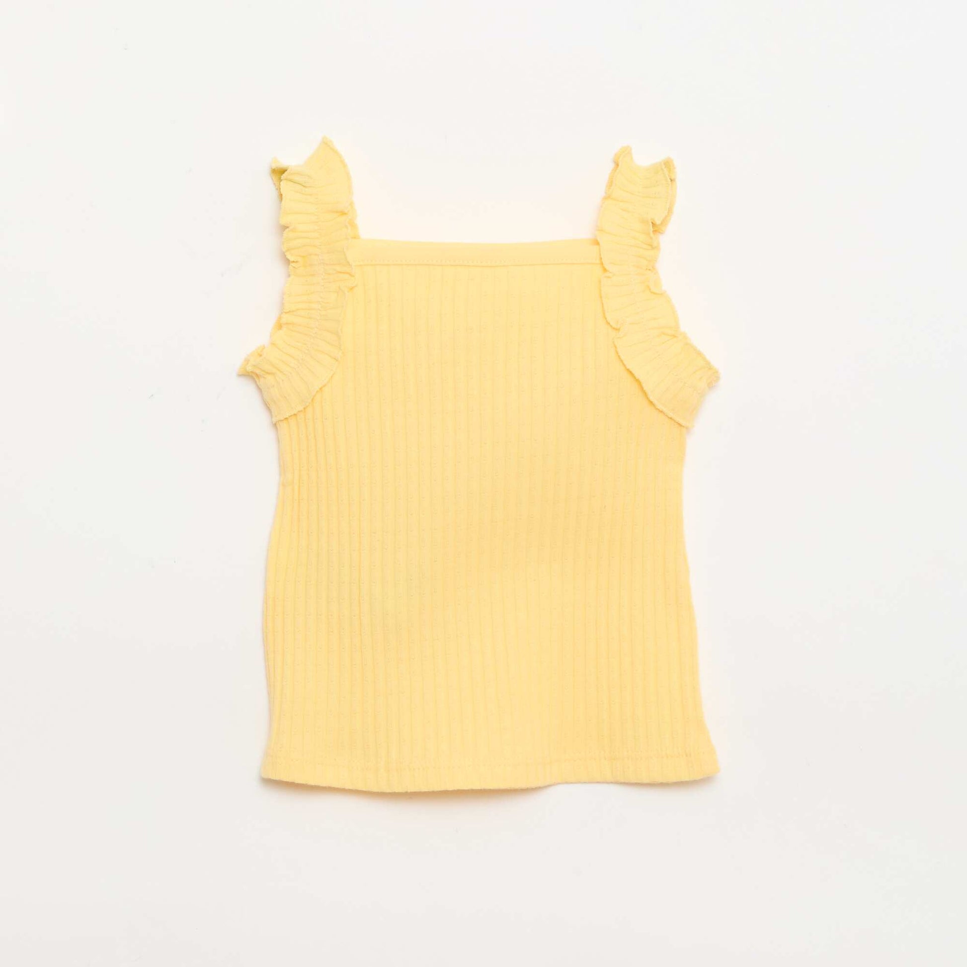 Ribbed Pointelle Tank Top with Ruffled Straps YELLOW