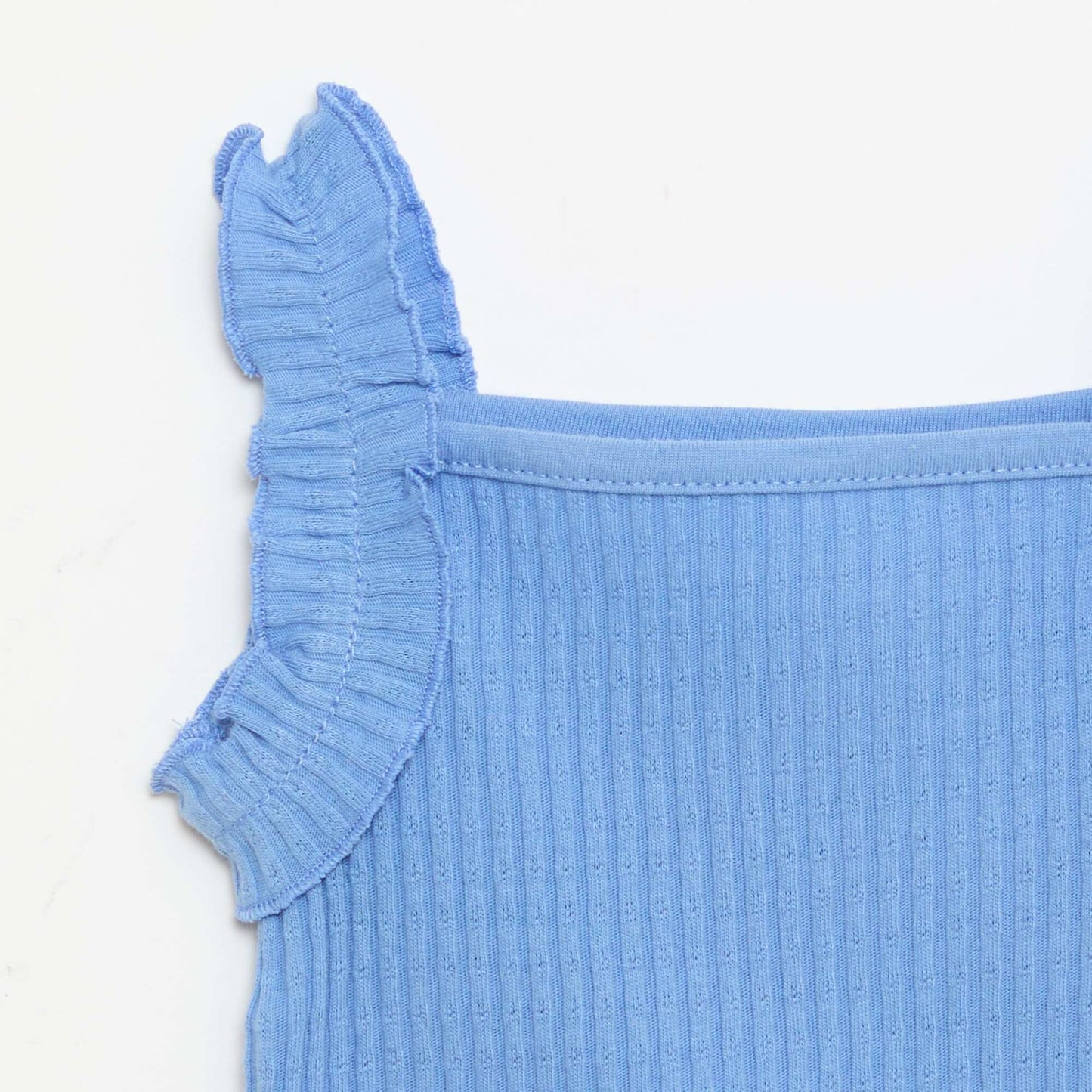 Ribbed Pointelle Tank Top with Ruffled Straps BLUE
