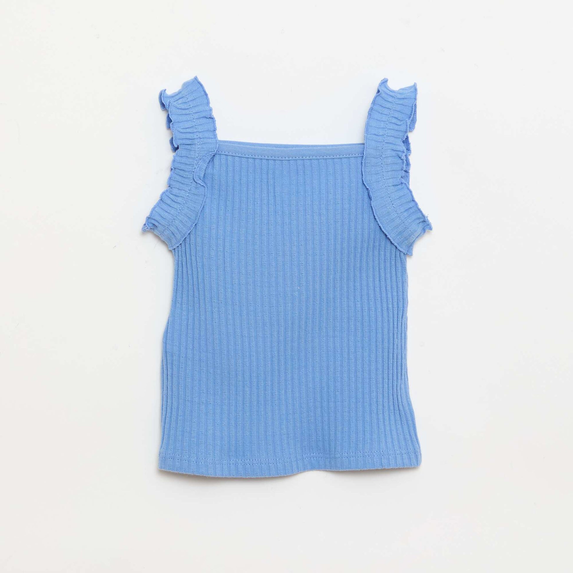 Ribbed Pointelle Tank Top with Ruffled Straps BLUE
