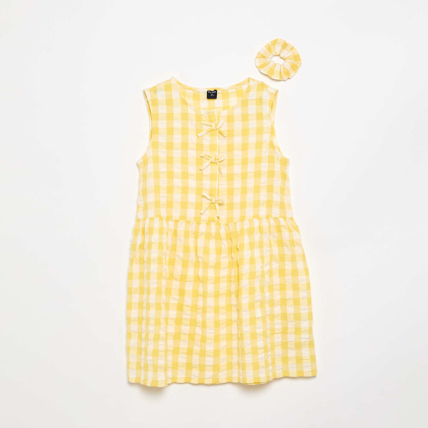 Short-sleeved gingham dress with bow + scrunchie YELLOW