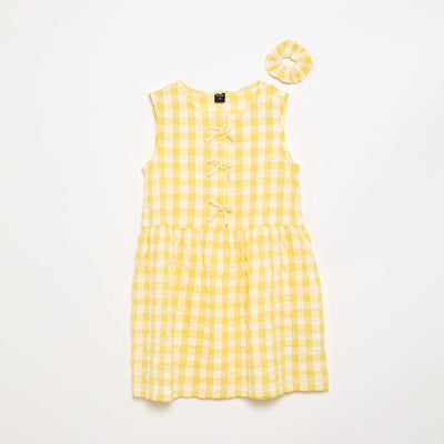 Short-sleeved gingham dress with bow + scrunchie YELLOW