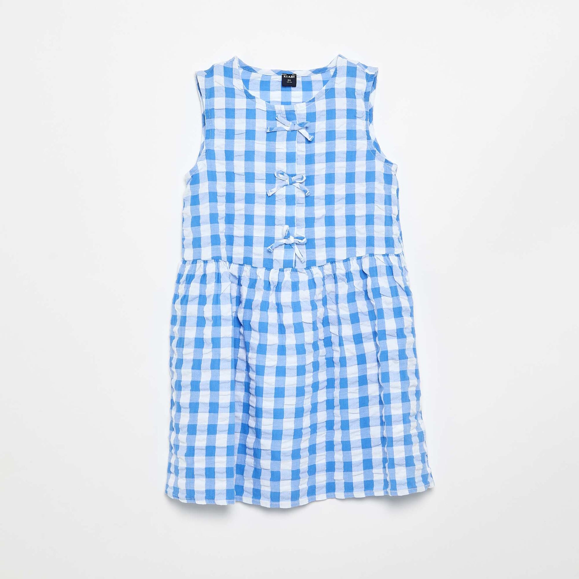 Short-sleeved gingham dress with bow + scrunchie BLUE