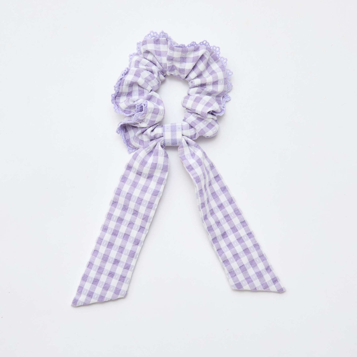 Gingham Print Scrunchie with Long Bow PURPLE