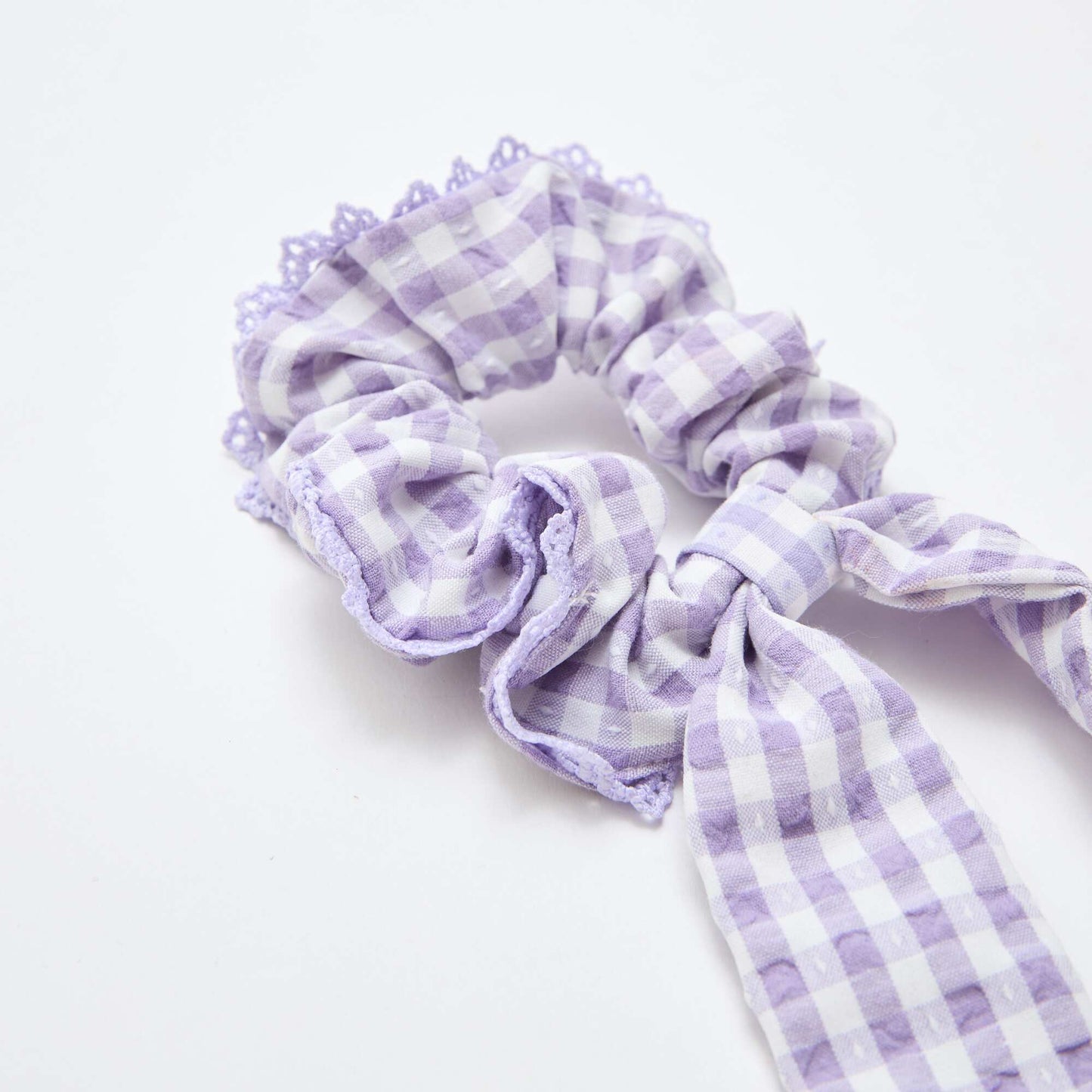 Gingham Print Scrunchie with Long Bow PURPLE