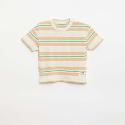 ზოლიანი ბამბის და ტილო ჯერსის მაისური კრემისფერი