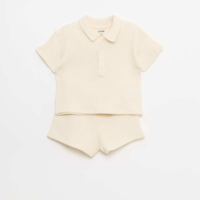 2-ნაწილიანი ვაფლის ნაქსოვი პოლო და შორტი კომპლექტი თეთრი