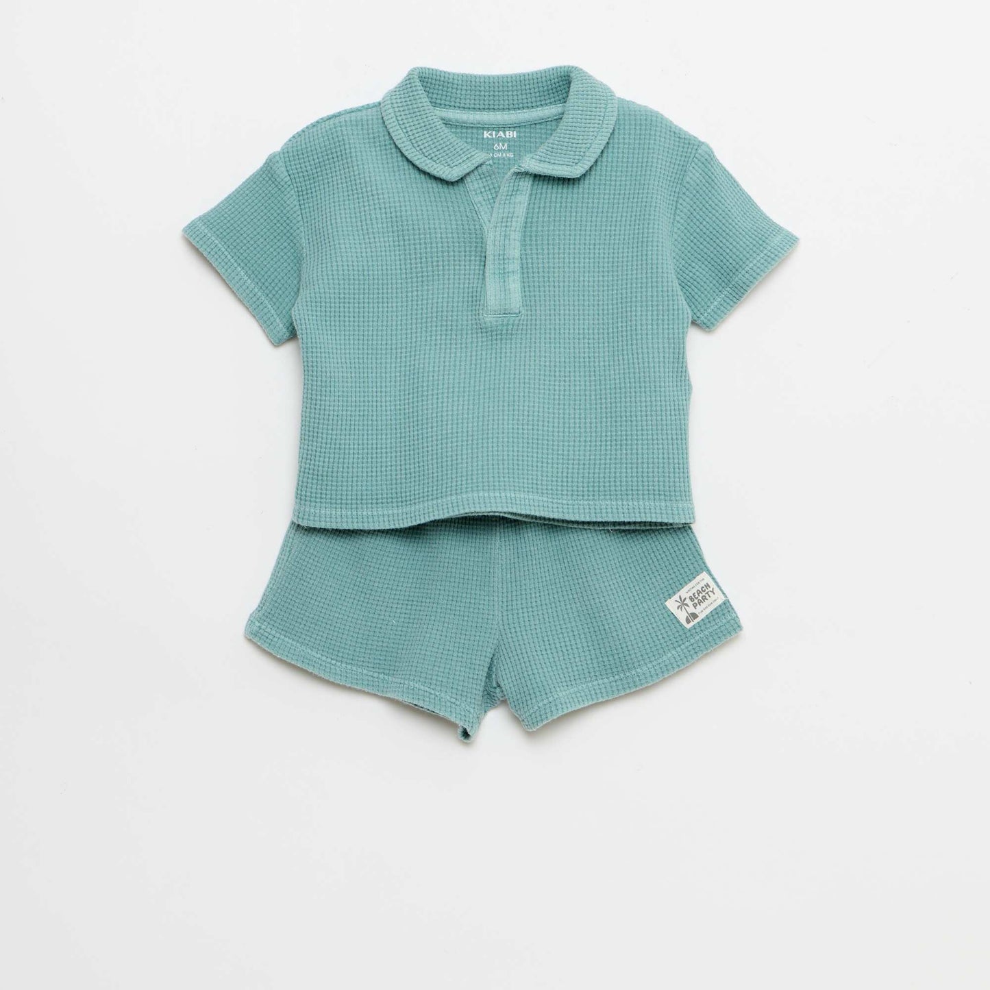 2-ნაწილიანი ვაფლის ნაქსოვი პოლო და შორტი კომპლექტი ლურჯი