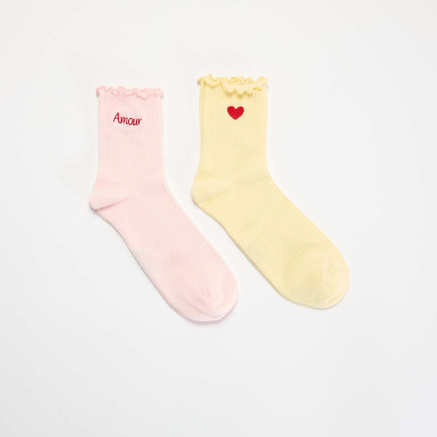 2-Pack of Embroidered Socks with Ruffled Edges YELLOW