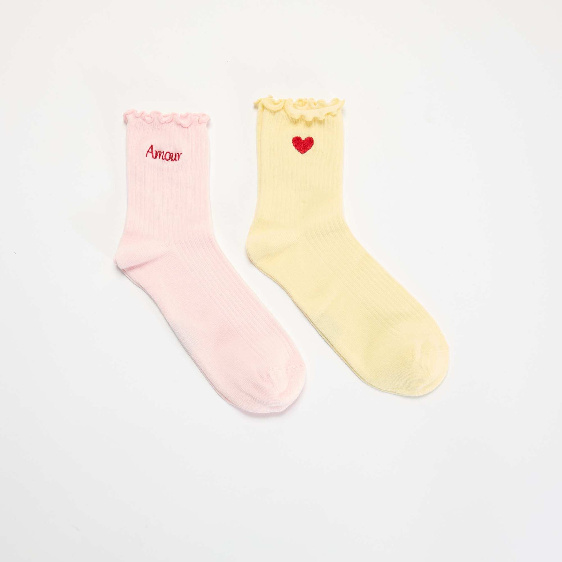 2-Pack of Embroidered Socks with Ruffled Edges YELLOW